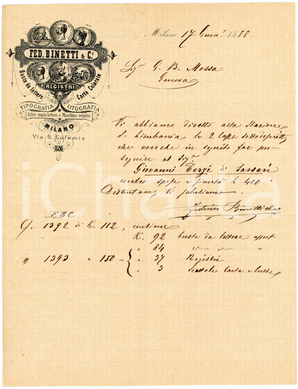 1888 MILANO - Fed. BINETTI & C.o - Tipografia litografia - Lettera commerciale Lettera commerciale d'epoca, manoscritta, su carta intestata illustrata.Milano -  via S. Eufemia.CONDIZIONI: F (piegature d'epoca)PAGINE: 1    originale e autentica 1