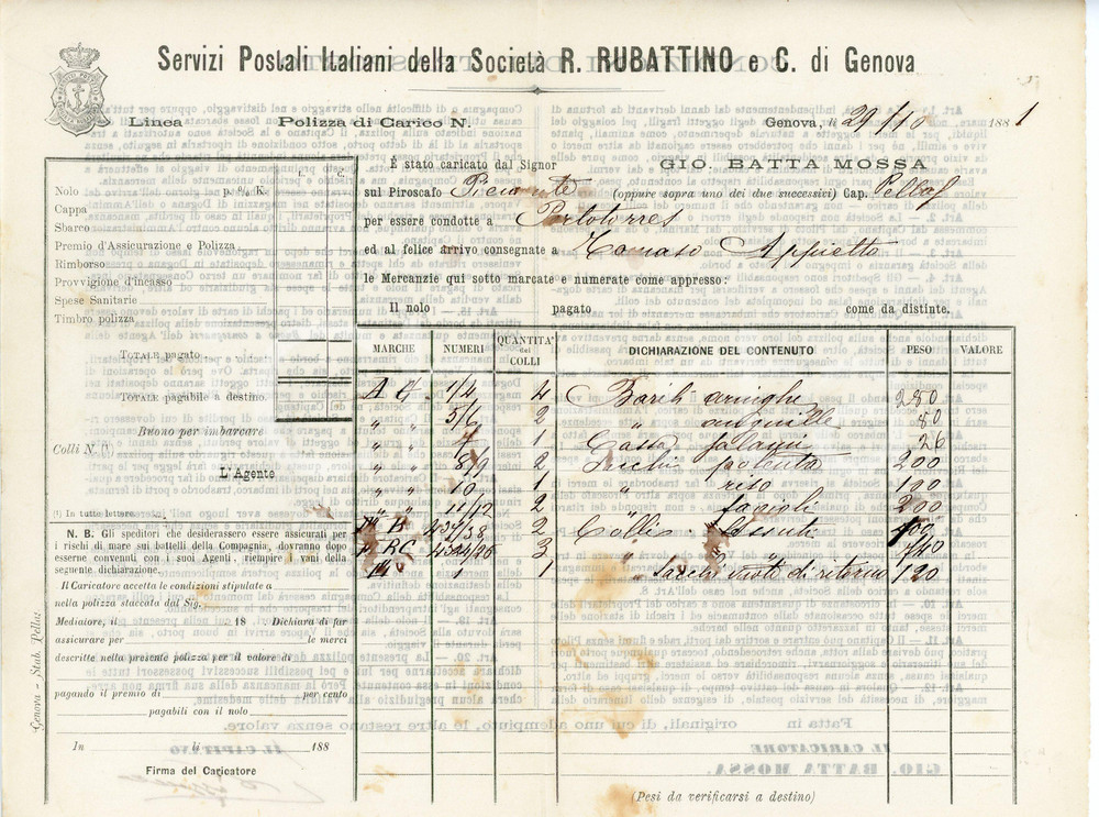 1881 GENOVA - SocietÃ  RUBATTINO - Servizi postali italiani *Polizza di carico Polizza di carico, a stampa con inserti manoscritti, su carta intestata.Si tratta di un carico alimentare destinato a Porto Torres sul piroscafo "Piemonte".CONDIZIONI: F (piegature d'epoca, macchie diffuse e scoloritura dell'inchiostro)PAGINE: 1    originale e autentica 1