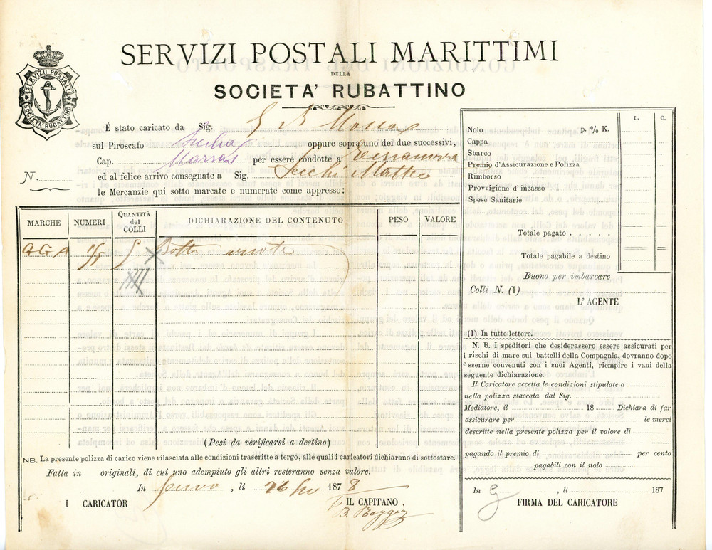 1878 GENOVA - Società RUBATTINO - Servizi Postali Marittimi *Polizza di carico Polizza di carico, a stampa con inserti manoscritti, su carta intestata.Si tratta di un carico di botti vuote sul piroscafo "Sicilia".CONDIZIONI: P (piegature d'epoca, piccole macchie all'angolo inferiore sinistro e fori nella parte superiore)PAGINE: 1    originale e autentica 1