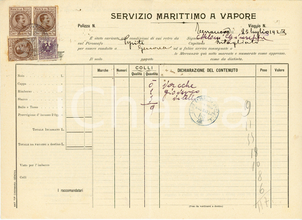 1923 OLBIA / PORTO TERRANOVA Servizio Marittimo a Vapore - Polizza carico vacche Polizza di carico, a stampa con inserti manoscritti, su carta intestata.Presenti marche da bollo.CONDIZIONI: F (piegature d'epoca)PAGINE: 1    originale e autentica 1