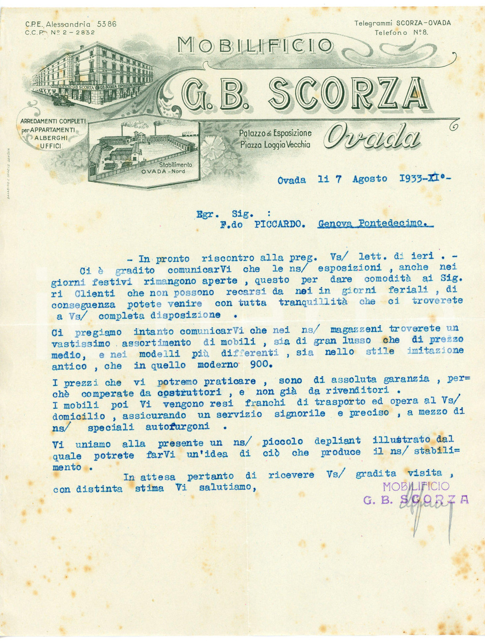 1933 OVADA (AL) G. B. SCORZA - Mobilificio - Lettera commerciale Lettera commerciale d'epoca, dattiloscritta, su carta intestata illustrata.CONDIZIONI: F (piegature d'epoca, fioriture) PAGINE: 1    originale e autentica 1