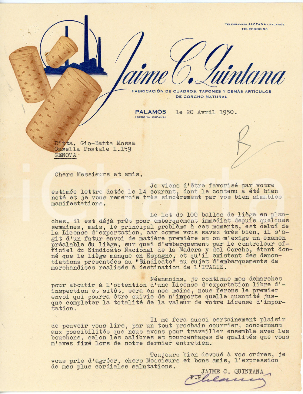 1950 PALAMOS (ESPAÑA ) Jaime C. QUINTANA Fabricación tapones - Letterhead Lettera commerciale d'epoca, dattiloscritta, su carta intestata illustrata. CONDIZIONI: F (piegature d'epoca, minuscoli fori all'angolo superiore sinistro)PAGINE: 1    originale e autentica 1