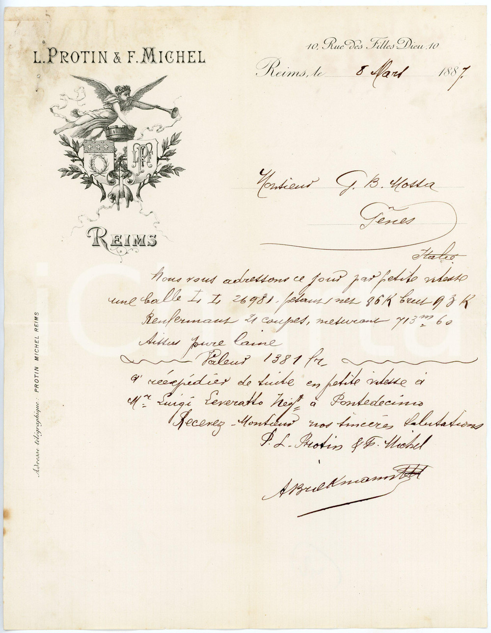 1887 REIMS (F) L. PROTIN & F. MICHEL - Envoi tissus laine - Lettre entête Lettera commerciale d'epoca, manoscritta, su carta intestata.Reims - 10, rue des Filles DieuCONDIZIONI: F (piegature d'epoca; ingiallimento al lato superiore).PAGINE: 1    originale e autentica 1