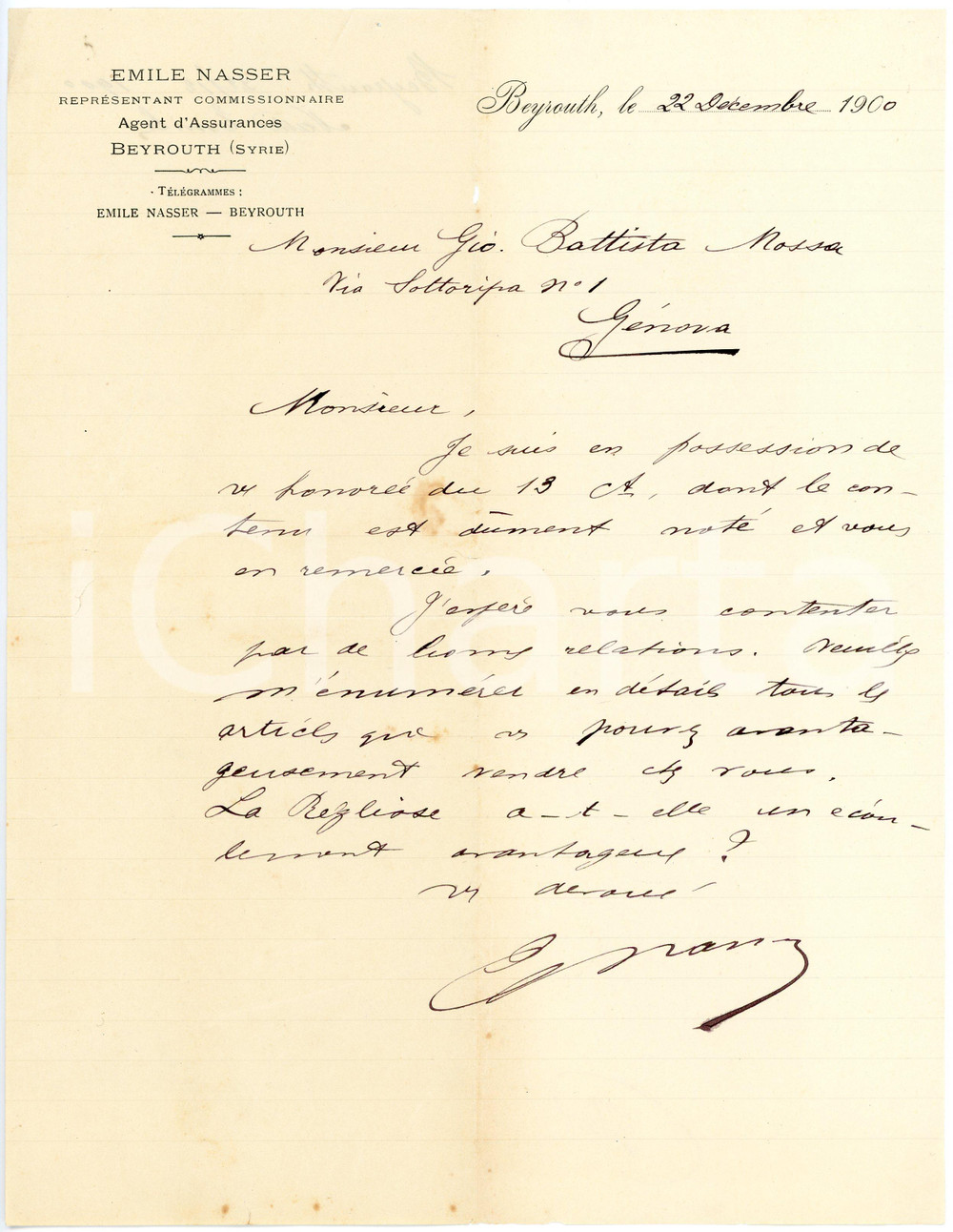 1900 BEYROUTH (LIBAN) Emile NASSER Représentant commissionnaire - Lettre Lettera commerciale d'epoca, su carta intestata, manoscritta. CONDIZIONI: P (piegature d'epoca, minimo strappo al lato sinistro, piccolo foro lungo la piegatura, qualche fioritura)PAGINE: 1    originale e autentica 1