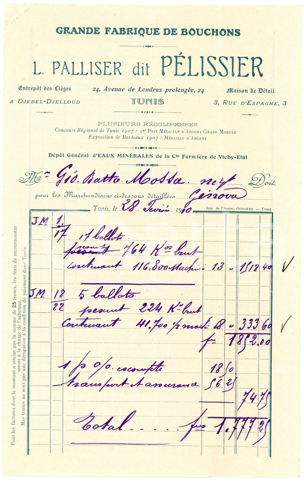1910 TUNIS L. PALLISER dit PELISSIER - Fabrique de bouchons - Facture Fattura commerciale d'epoca, manoscritta, su carta intestata. CONDIZIONI: F (piegature d'epoca, piccolo foro al lato destro)PAGINE: 1    originale e autentica 1