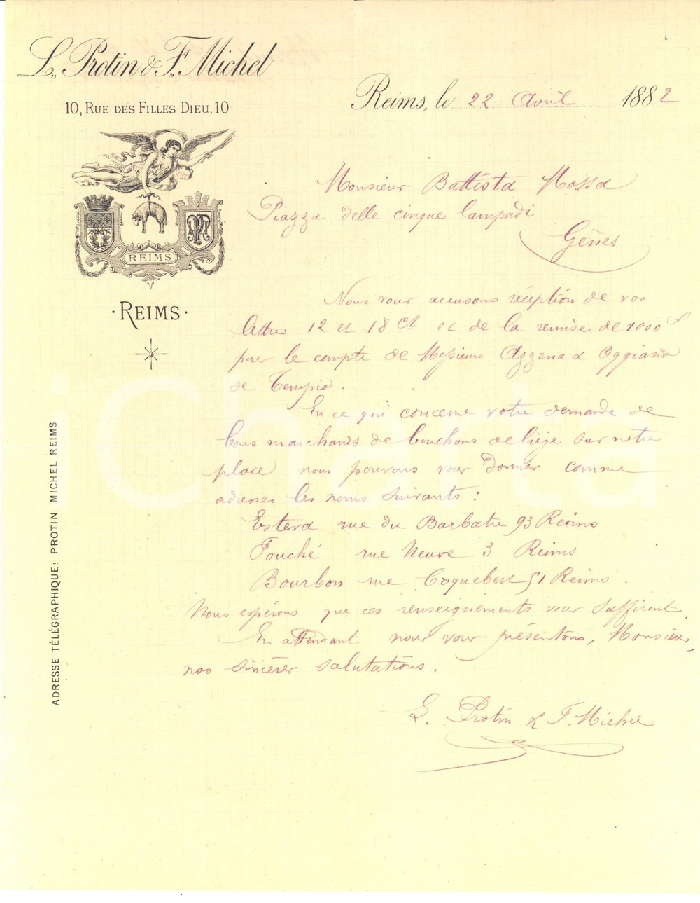 1882 REIMS (FRANCE) L. PROTIN & F. MICHEL - Tissus - Lettre entête Lettera commerciale d'epoca, manoscritta, su carta intestata.Reims - 10, rue des Filles DieuCONDIZIONI: F (piegature d'epoca).PAGINE: 1    originale e autentica 1