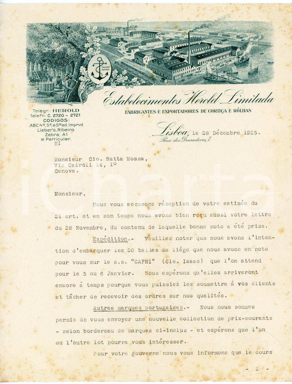 1925 LISBOA (PORTUGAL) Estabelecimentos Herold Limitada ^Letterhead Lettera commerciale d'epoca, dattiloscritta, in lingua francese.Testo incompleto.Su pregevole carta intestata.Lisboa - rua dos Douradores 7CONDIZIONI: F (piegature d'epoca e fioriture).PAGINE: 1    originale e autentica 1