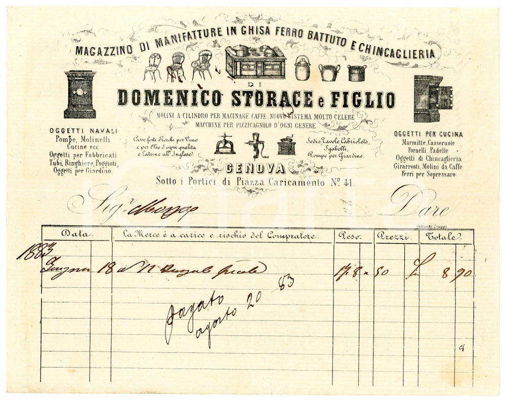 1880 GENOVA - Domenico STORACE e figlio - Manifatture in ghisa e ferro battuto Fattura commerciale d'epoca, manoscritta, su carta intestata illustrata.Genova - piazza Caricamento n. 41CONDIZIONI: F (piegature d'epoca)PAGINE: 1    originale e autentica 1