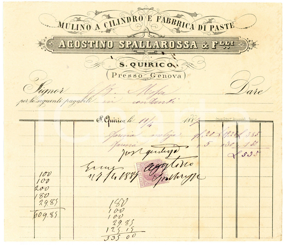 1887 GENOVA - Agostino SPALLAROSSA & F.lli - Fabbrica di paste - Fattura Fattura commerciale d'epoca, manoscritta, su carta intestata.Genova - S. QuiricoPresente marca da bollo.CONDIZIONI: F (piegature d'epoca)PAGINE: 1    originale e autentica 1