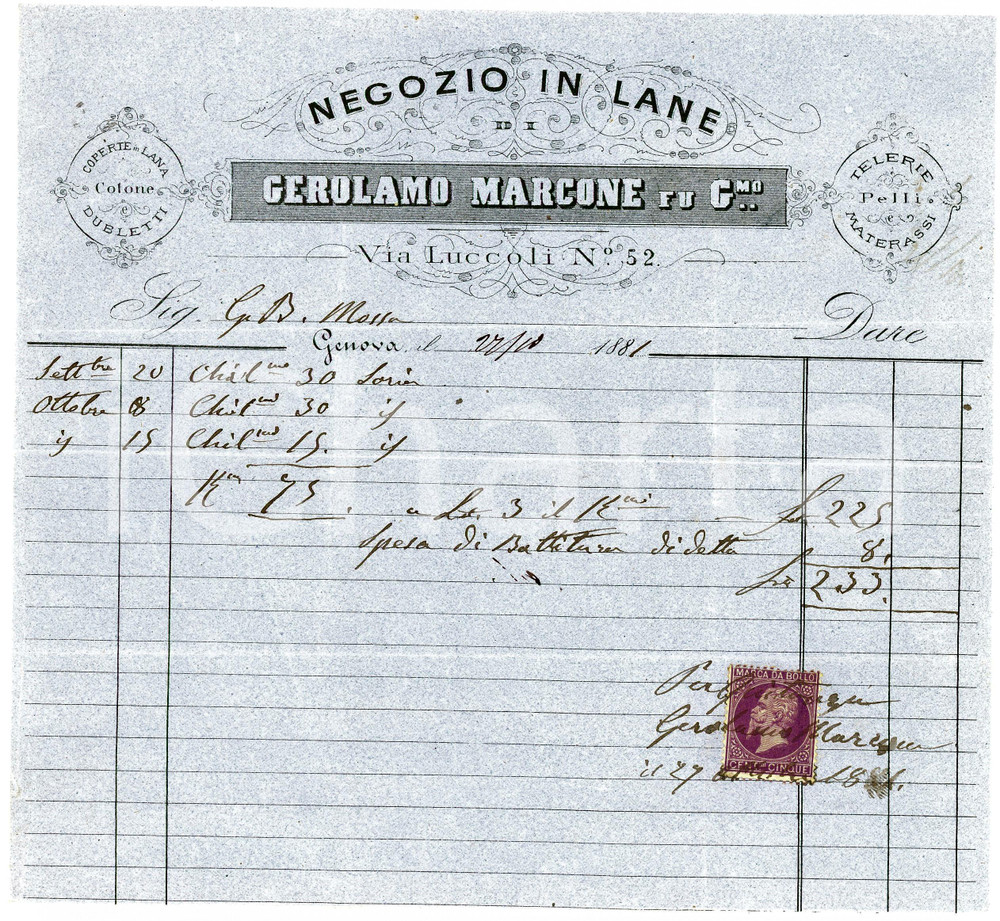 1881 GENOVA - Gerolamo MARCONE - Negozio in lane - Fattura Fattura commerciale d'epoca, manoscritta, su carta intestata.Genova - via Luccoli n.52Presente marca da bollo.CONDIZIONI: F (piegature d'epoca)PAGINE: 1    originale e autentica 1