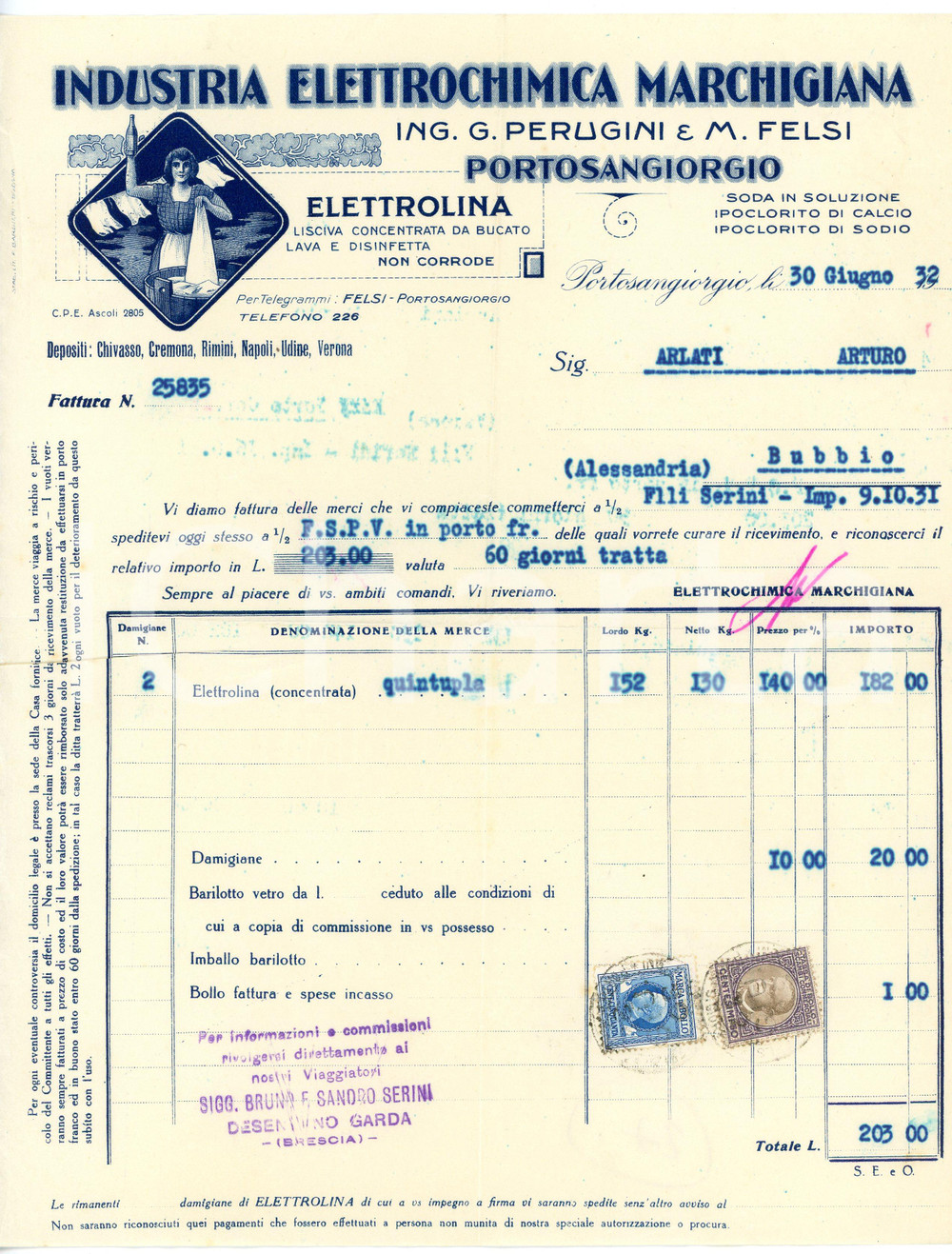 1932 PORTO SAN GIORGIO Ing. PERUGINI e FELSI - Industria Elettrochimica *Fattura Fattura commerciale d'epoca, dattiloscritta, su carta intestata illustrata.Busta intestata, illustrata e viaggiata.Presenti marche da bollo.CONDIZIONI: F (piegature d'epoca)PAGINE: 1    originale e autentica 1
