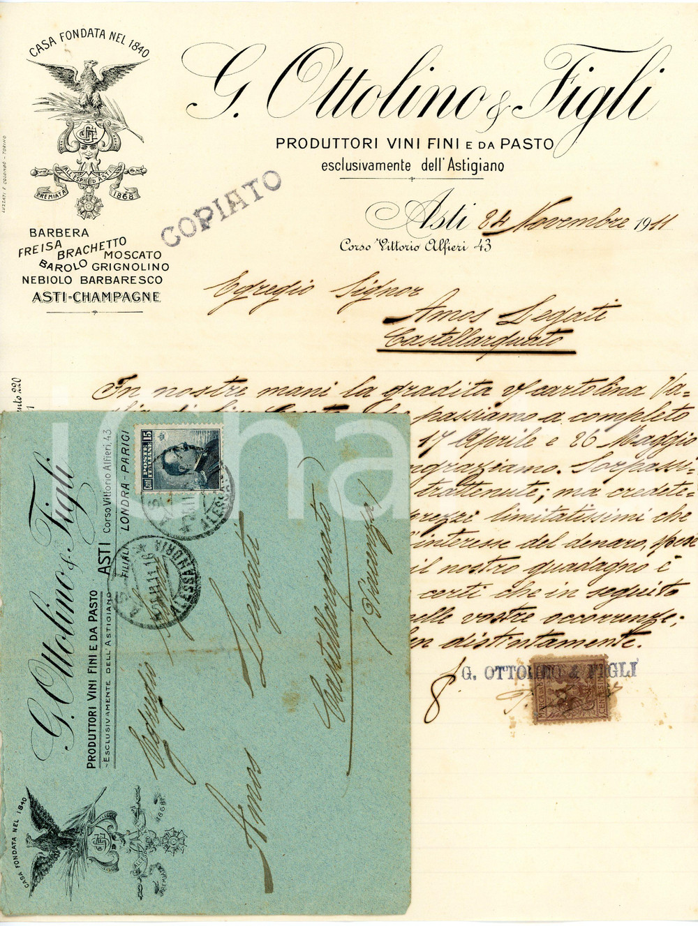 1911 ASTI - G. OTTOLINO & Figli - Produttori vini fini e da pasto - Lettera Lettera commerciale d'epoca, manoscritta, su carta intestata.Busta intestata e viaggiata.Asti - corso Vittorio Alfieri 43Presente marca da bollo.CONDIZIONI: F (piegature d'epoca. Busta con lievi fioriture)PAGINE: 1    originale e autentica 1