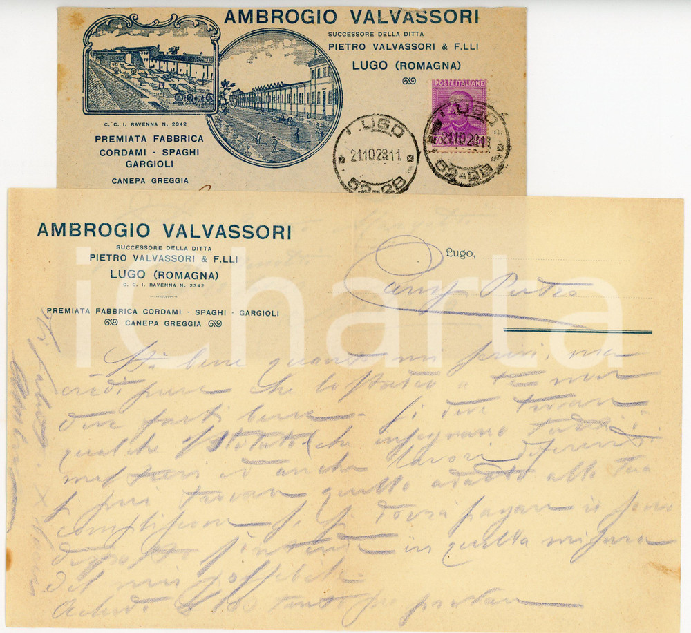 1928 LUGO (RA) - Ambrogio VALVASSORI - Fabbrica di cordami e spaghi *Lettera Lettera commerciale d'epoca, manoscritta, su carta intestata.Busta intestata, illustrata e viaggiata.CONDIZIONI: F (piegature d'epoca e lievi macchie agli angoli inferiori. Busta con lievi fioriture)PAGINE: 1    originale e autentica 1