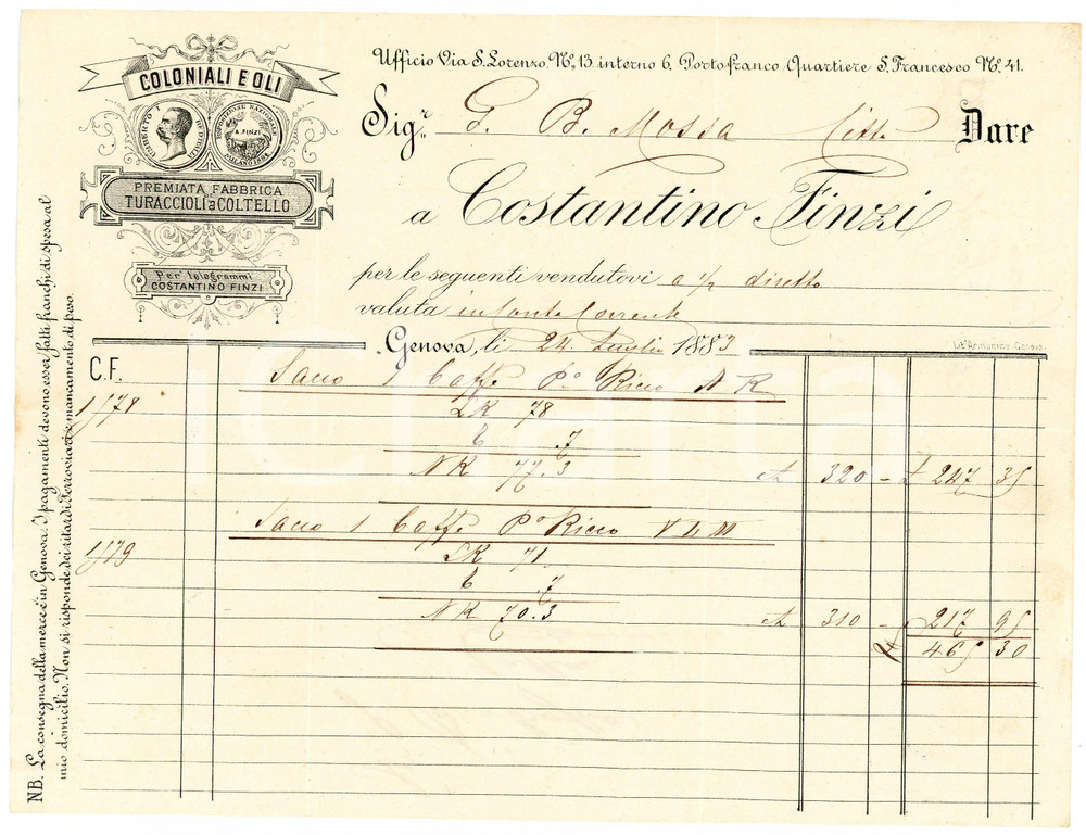 1883 GENOVA - Costantino FINZI - Fabbrica di turaccioli a coltello - Fattura Fattura commerciale d'epoca, manoscritta, su carta intestata.CONDIZIONI: F (piegature d'epoca)PAGINE: 1    originale e autentica 1