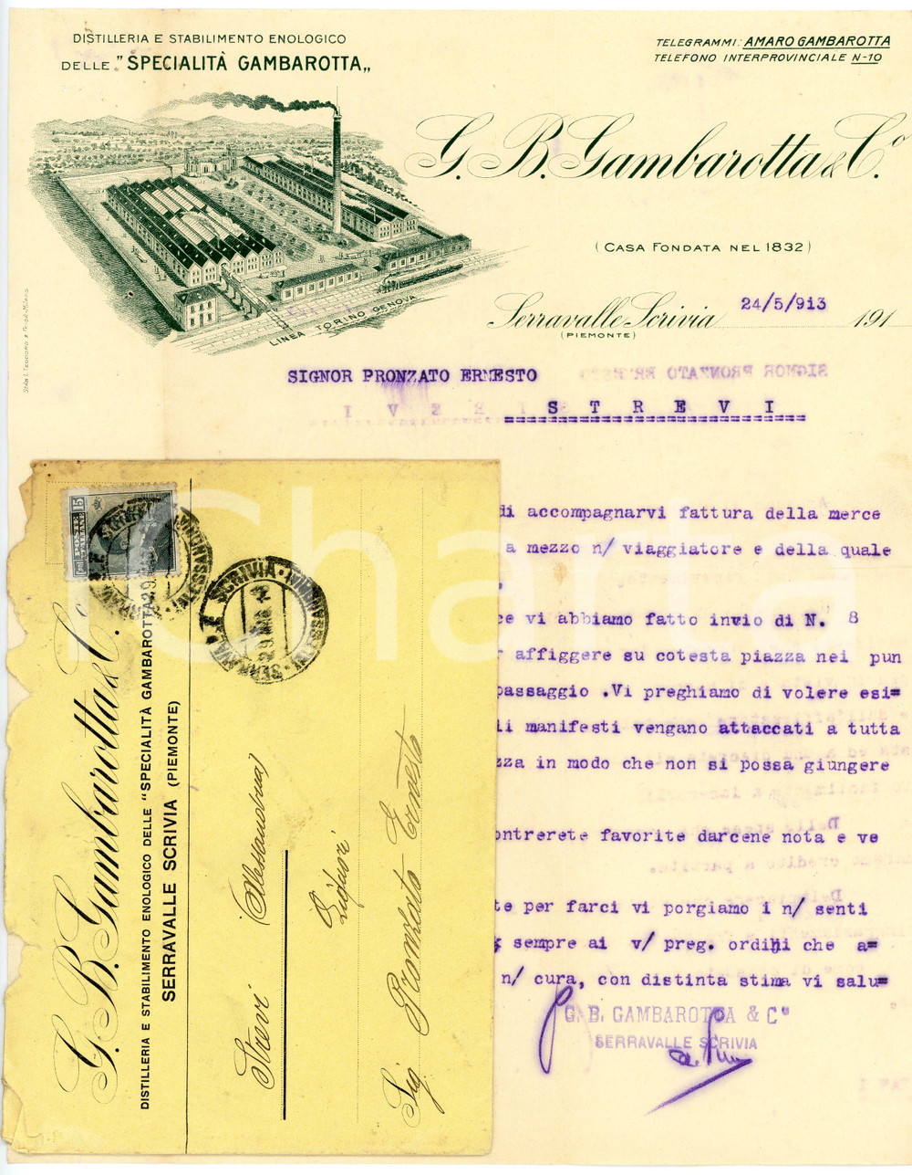 1913 SERRAVALLE SCRIVIA (AL) - G. B. GAMBAROTTA & C°. - Distilleria *Lettera Lettera commerciale d'epoca, dattiloscritta, su carta intestata illustrata.Busta intestata e viaggiata.CONDIZIONI: F (piegature d'epoca)PAGINE: 1    originale e autentica 1