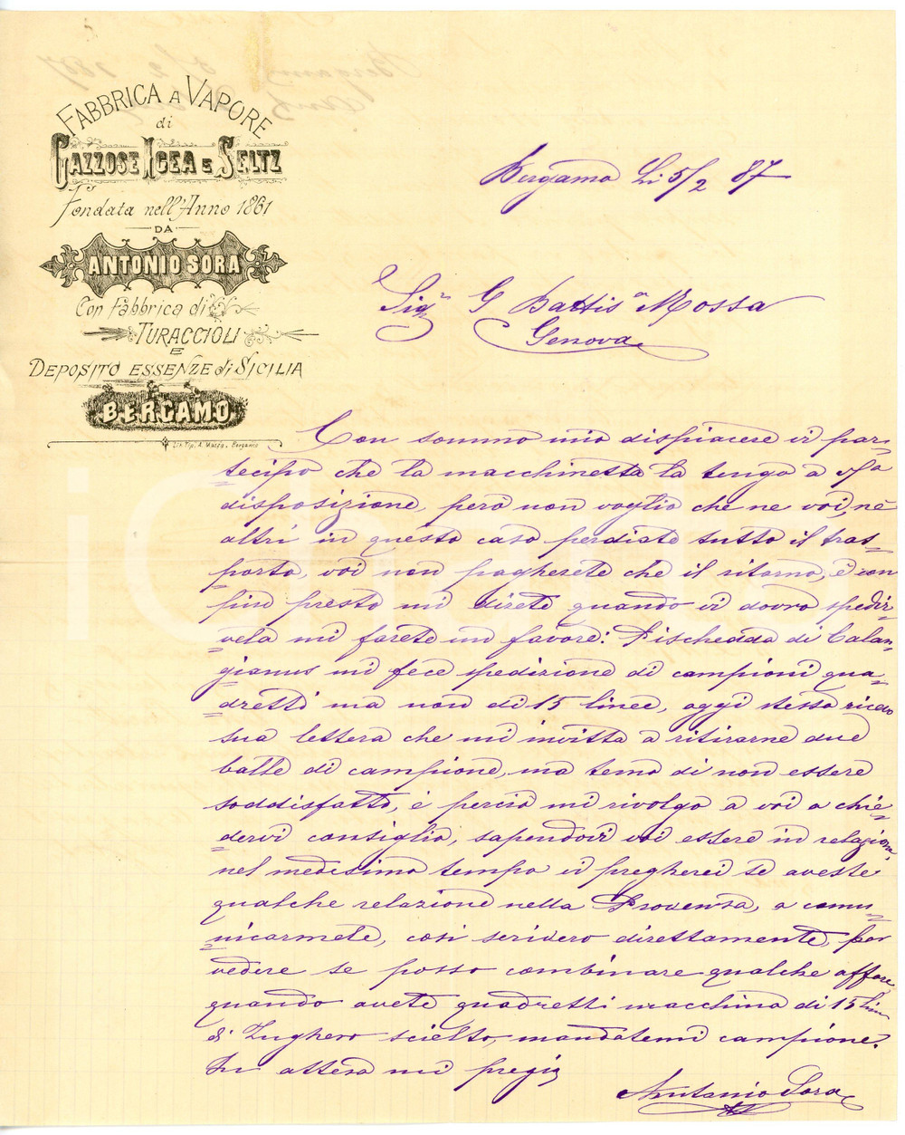 1887 BERGAMO - Antonio SORA - Fabbrica a vapore di gazzose Igea e Seltz *Lettera Lettera commerciale d'epoca, manoscritta, su carta intestata.CONDIZIONI: F (piegature d'epoca)PAGINE: 1    originale e autentica 1
