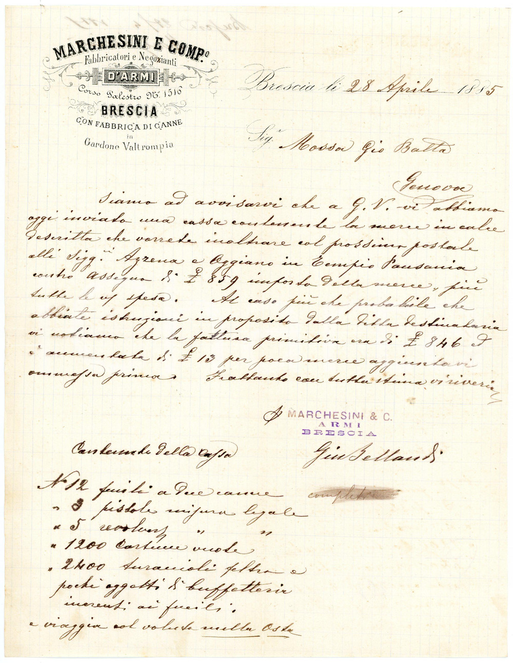 1885 BRESCIA - MARCHESINI e COMP.o - Fabbricatori e negozianti d'armi *Lettera Lettera commerciale d'epoca, manoscritta, su carta intestata.Brescia - corso Palestro n.1516CONDIZIONI: F (piegature d'epoca e minime fioriture)PAGINE: 1    originale e autentica 1