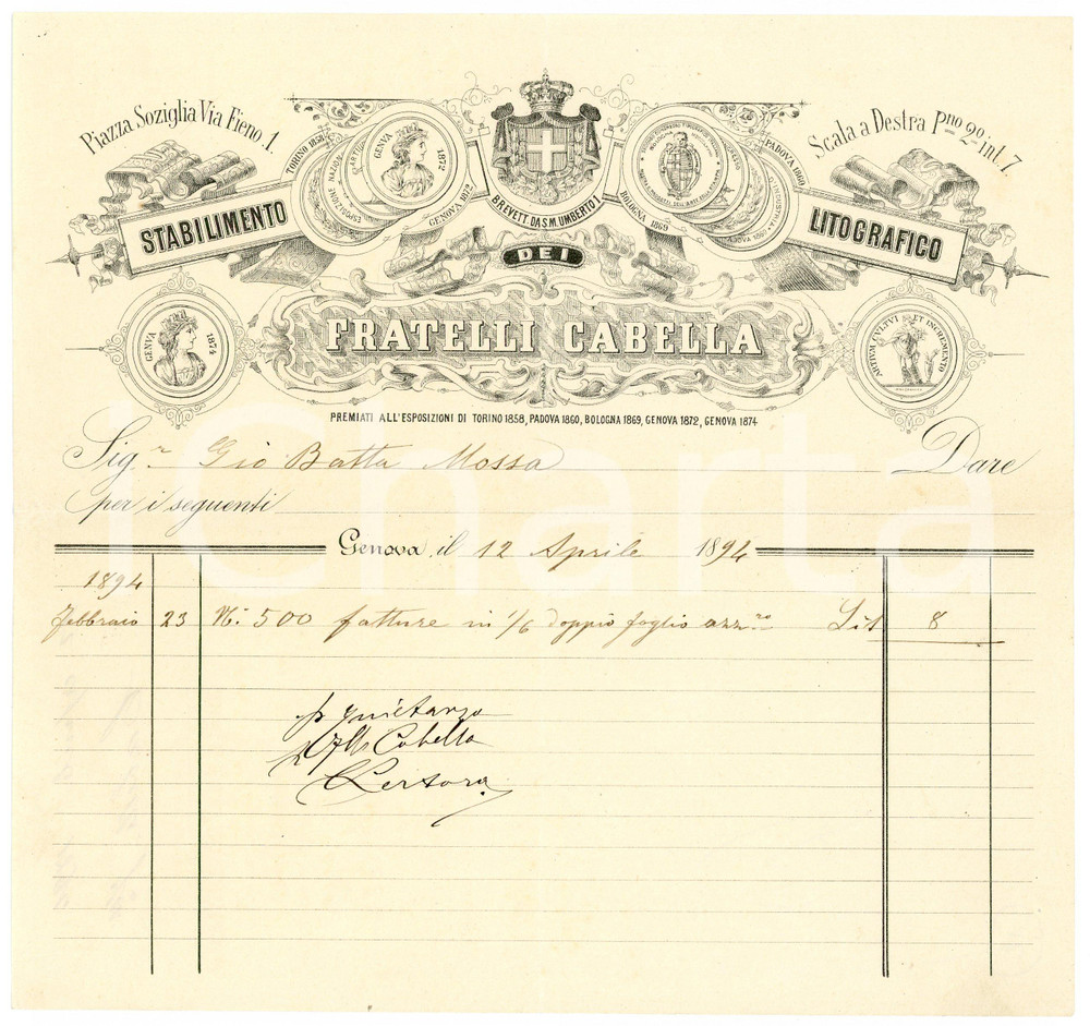 1894 GENOVA - Fratelli CABELLA - Stabilimento litografico - Fattura Fattura commerciale d'epoca, manoscritta, su carta intestata illustrata.Genova - piazza Soziglia Via Fieno 1CONDIZIONI: F (piegature d'epoca)    originale e autentica 1
