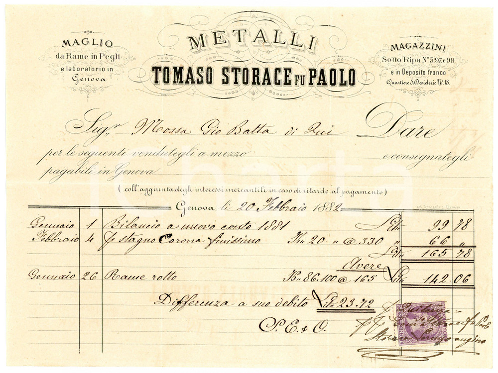 1882 GENOVA - Tomaso STORACE fu Paolo - Metalli - Fattura Fattura commerciale d'epoca, manoscritta, su carta intestata.Presente marca da bollo.CONDIZIONI: F (piegature d'epoca)    originale e autentica 1