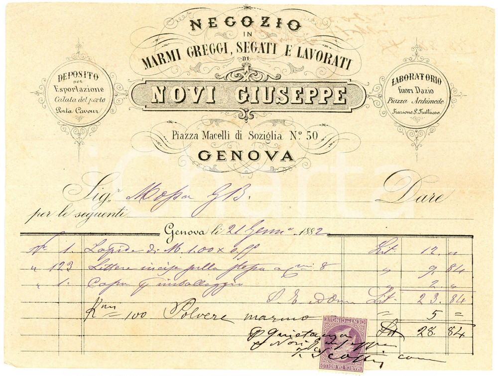 1882 GENOVA - Giuseppe NOVI - Negozio marmi greggi, segati e lavorati *Fattura Fattura commerciale d'epoca, manoscritta, su carta intestata.Genova - piazza Macelli di Soziglia n. 50Presente marca da bollo.CONDIZIONI: F (piegature d'epoca)PAGINE: 1    originale e autentica 1