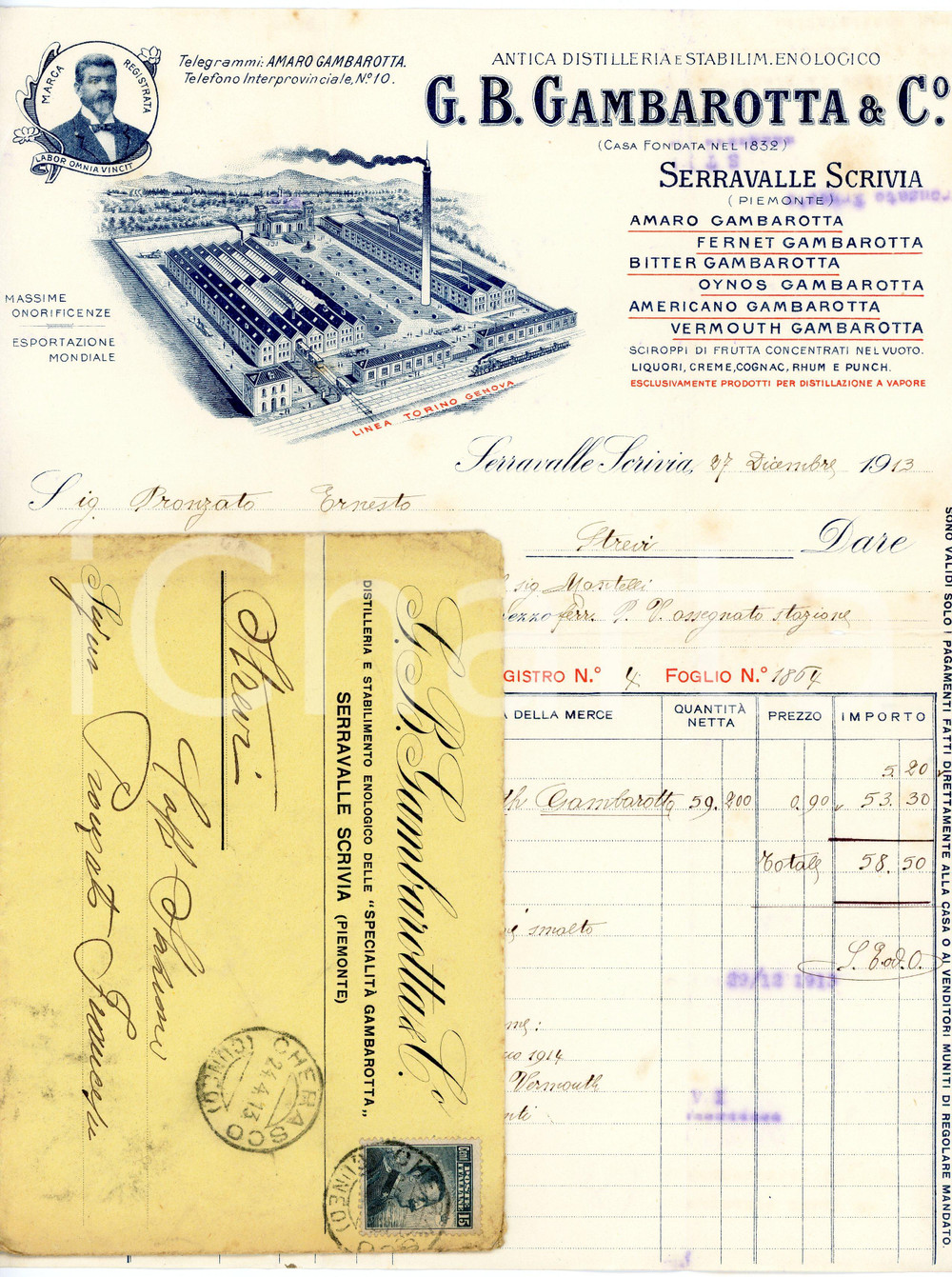 1913 SERRAVALLE SCRIVIA - G. B. GAMBAROTTA & C°. - Distilleria *Fattura Fattura commerciale d'epoca, manoscritta, su carta intestata illustrata.Busta intestata e viaggiata.CONDIZIONI: F (piegature d'epoca, piccoli fori lungo la piegatura)PAGINE: 1    originale e autentica 1