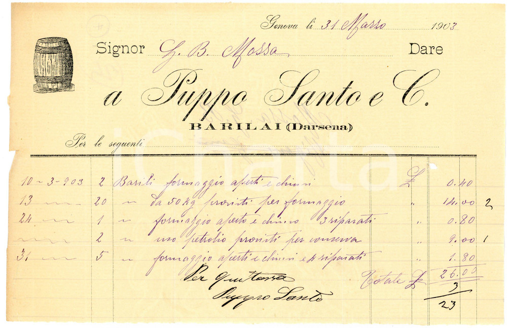 1903 GENOVA - Pippo SANTO e C. - Barilai - Fattura Fattura commerciale d'epoca, manoscritta, su carta intestata.CONDIZIONI: P (piegature d'epoca, piccolo foro al lato destro e piccoli strappi al lato sinistro)PAGINE: 1    originale e autentica 1