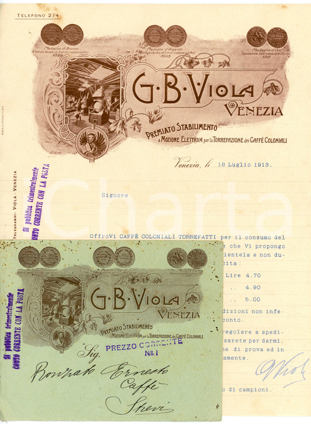 1913 VENEZIA G. B. VIOLA - Stabilimento torrefazione caffè coloniali *Fattura Lettera commerciale d'epoca, dattiloscritta, su carta intestata illustrata.Busta intestata, illustrata e viaggiata.CONDIZIONI: F (piegature d'epoca, macchia all'angolo inferiore e superiore sinistro. Busta con fioriture)PAGINE: 1    originale e autentica 1