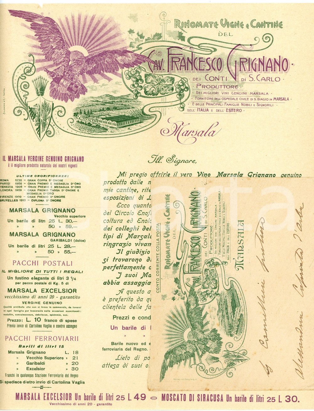 1910 ca MARSALA - Cav. Francesco GRIGNANO - Produttore di vini *Lettera Lettera commerciale d'epoca, a stampa, su carta intestata illustrata.Busta intestata e illustrata, non viaggiata.CONDIZIONI: F (piegature d'epoca e piccolo strappo al lato superiore)PAGINE: 1    originale e autentica 1