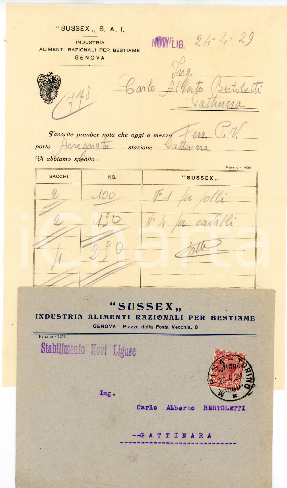 1929 GENOVA - SUSSEX S.A.I - Alimenti razionali per bestiame *Fattura Fattura commerciale d'epoca, manoscritta, su carta intestata.Busta intestata, illustrata e viaggiata.Genova - piazza della Posta Vecchia, 8CONDIZIONI: F (piegature d'epoca)    originale e autentica 1