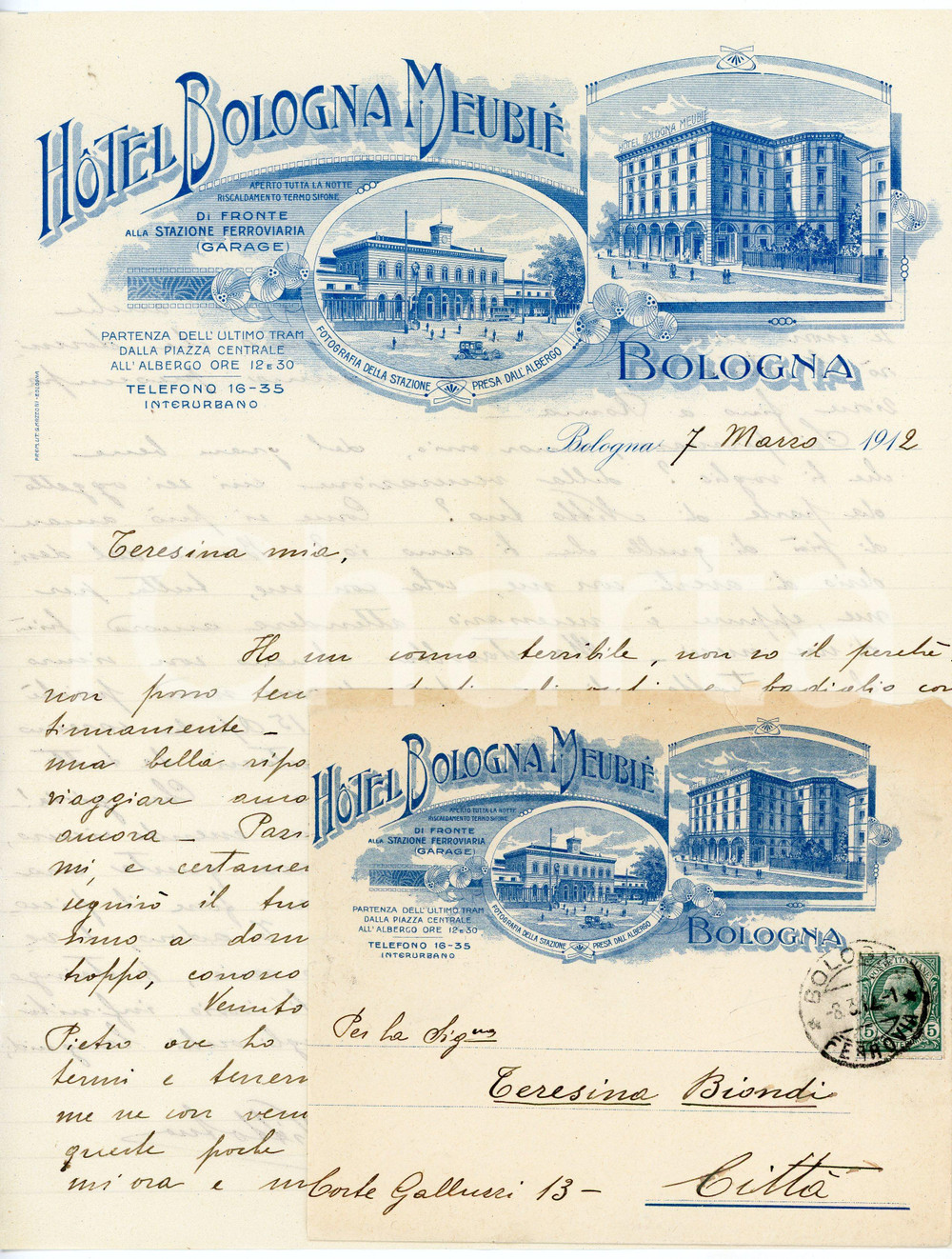 1912 BOLOGNA - HÔTEL BOLOGNA MEUBLÉ - Lettera su carta intestata illustrata Lettera d'epoca, manoscritta, su carta intestata illustrata.Busta intestata, illustrata e viaggiata.CONDIZIONI: F (piegature d'epoca)PAGINE: 1 (2 facciate scritte)    originale e autentica 1