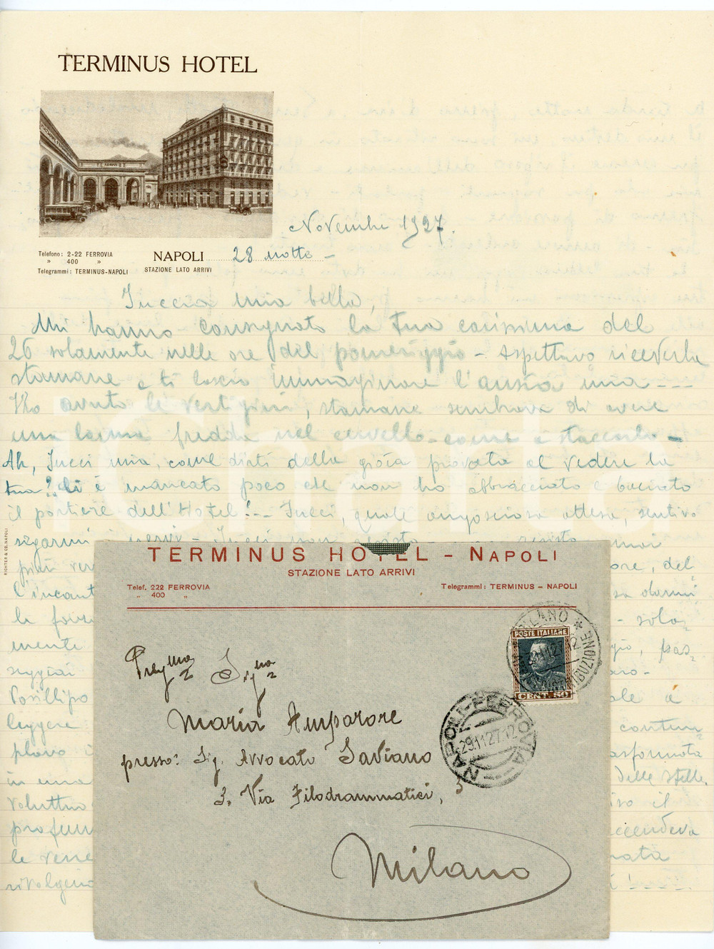 1927 NAPOLI - HOTEL TERMINUS - Lettera su carta intestata Lettera di contenuto personale, d'epoca, manoscritta, su carta intestata illustrata. Busta intestata e viaggiata. CONDIZIONI: F (piegature d'epoca)PAGINE: 1 (2 facciate scritte)    originale e autentica 1