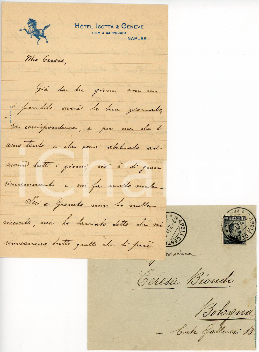 1911 NAPOLI Hotel Isotta & Genève - Lettera d'amore su carta intestata Lettera d'epoca, su carta intestata, manoscritta. CONDIZIONI: FAIR (piegature d'epoca)PAGINE: 1    originale e autentica 1