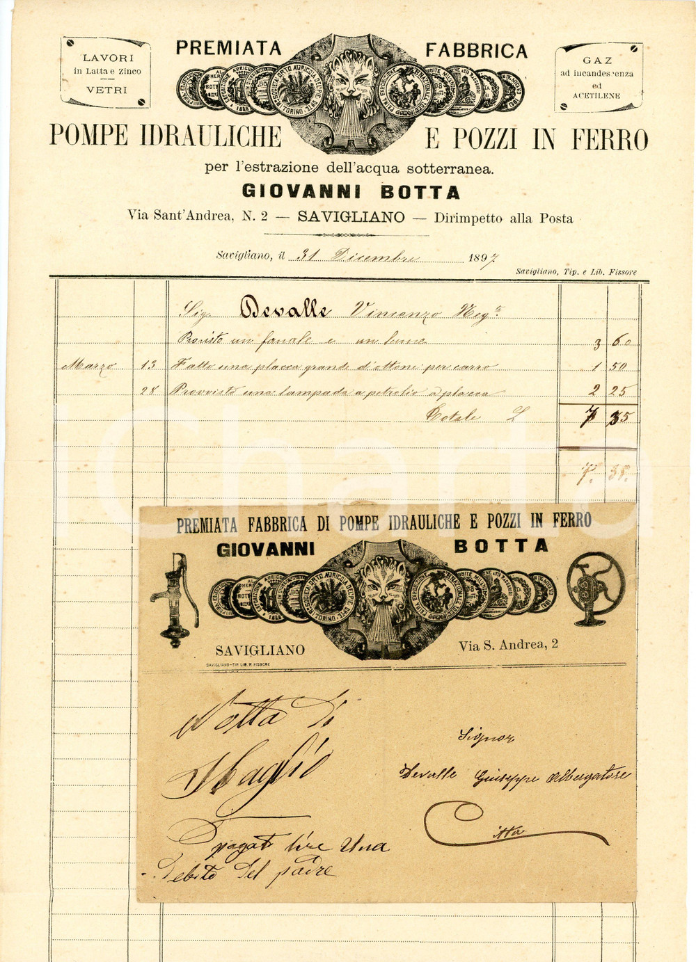 1897 SAVIGLIANO Giovanni BOTTA Fabbrica di pompe idrauliche - Fattura ILLUSTRATA Fattura commerciale d'epoca, su carta intestata, manoscritta, illustrata. CONDIZIONI: FAIR (piegature d'epoca)PAGINE: 1    originale e autentica 1