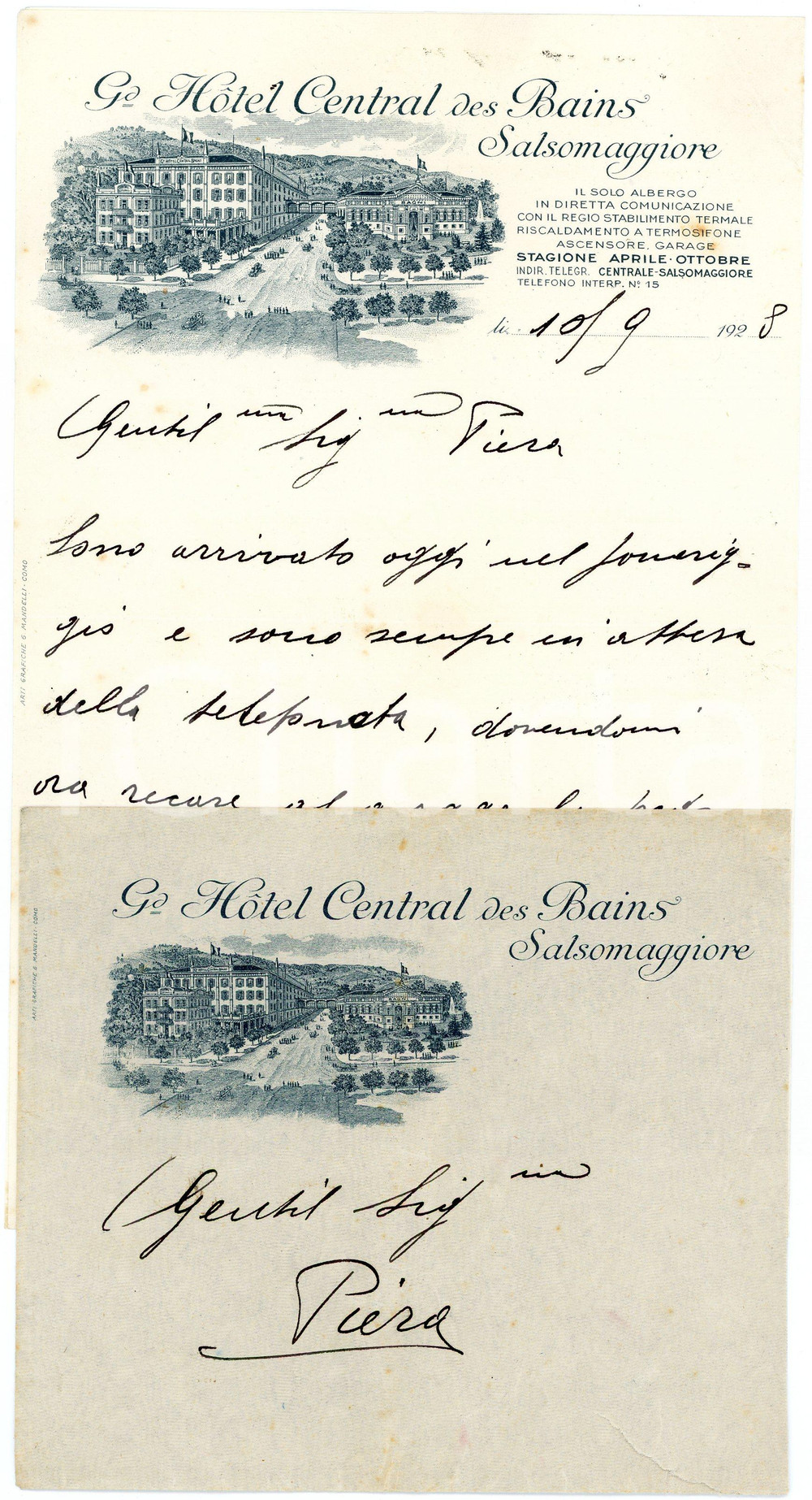 1928 SALSOLMAGGIORE TERME Grand Hotel Central des Bains - Lettera (1) Letteta  d'epoca, su carta intestata, manoscritta, illustrata. Con busta.CONDIZIONI: FAIR (piegature d'epoca)PAGINE: 1    originale e autentica 1