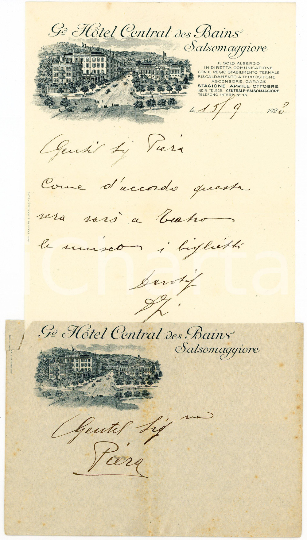 1928 SALSOLMAGGIORE TERME Grand Hotel Central des Bains - Lettera Letteta  d'epoca, su carta intestata, manoscritta, illustrata. Con busta.CONDIZIONI: FAIR (piegature d'epoca)PAGINE: 1    originale e autentica 1