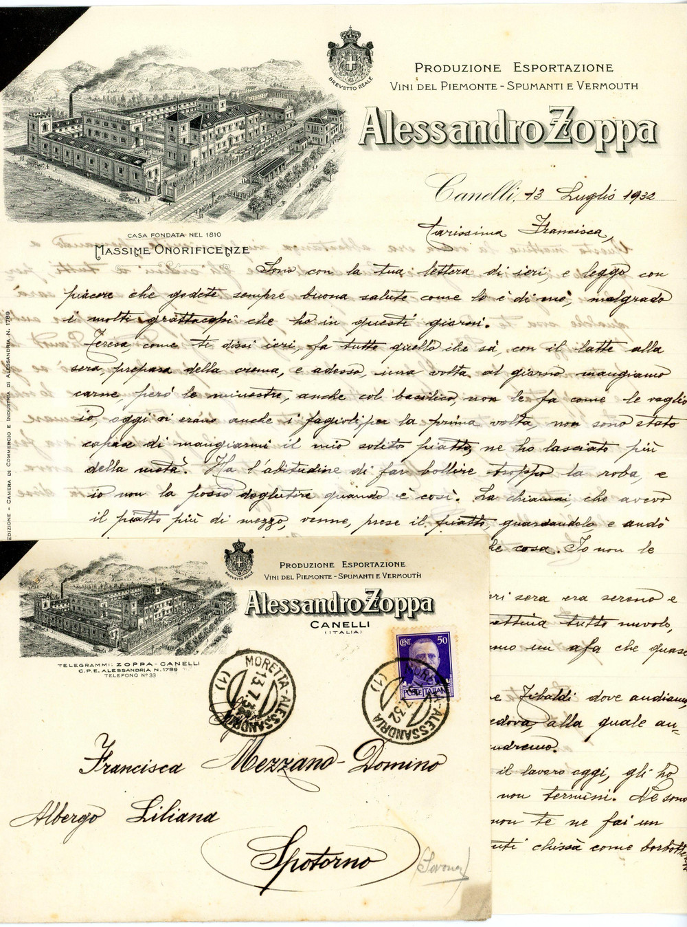 1932 CANELLI Alessandro ZOPPA Vini del Piemonte - Lettera su carta intestata Letteta  d'epoca, su carta intestata, manoscritta, illustrata. Con busta.CONDIZIONI: FAIR (piegature d'epoca)PAGINE: 1    originale e autentica 1