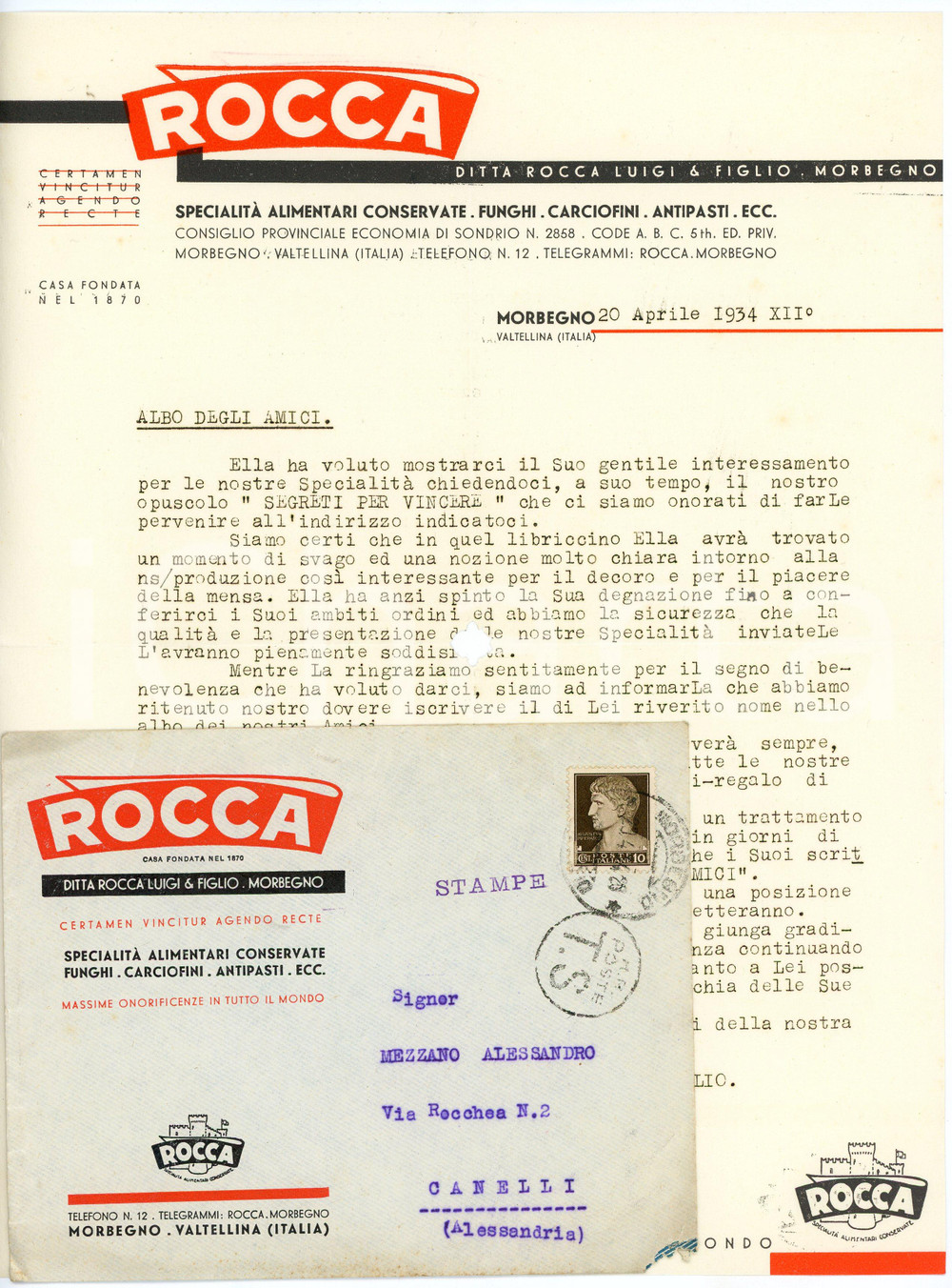 1934 MORBEGNO Specialità alimentari ROCCA E FIGLIO Iscrizione Albo degli amici Letteta commerciale d'epoca, su carta intestata, dattiloscritta, illustrata. Con busta.CONDIZIONI: POOR (piegature d'epoca, foro centrale)PAGINE: 1    originale e autentica 1