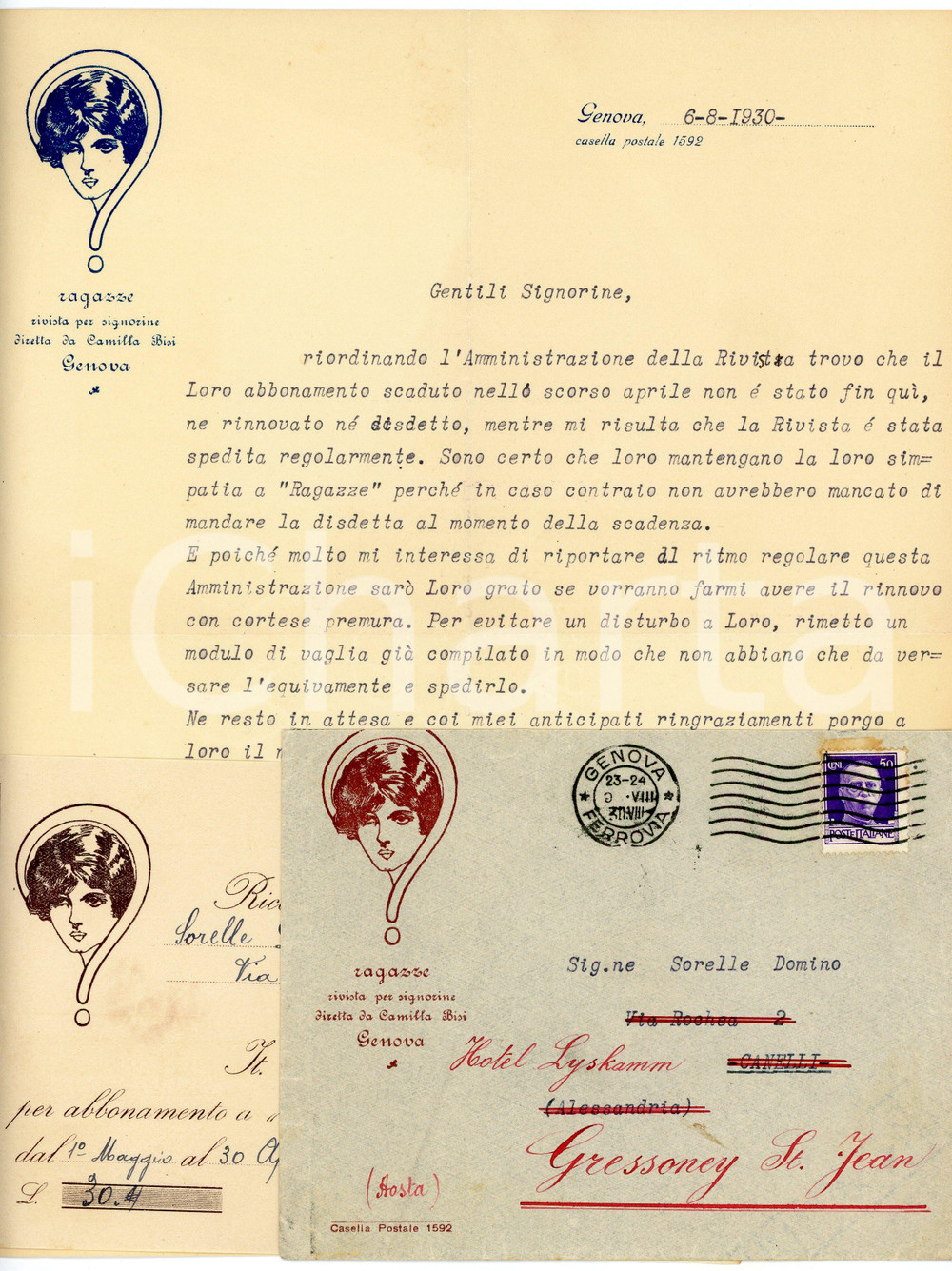 1930 GENOVA - RAGAZZE Rivista per signorine - Sollecito pagamento abbonamento Letteta commerciale d'epoca, su carta intestata, dattiloscritta, illustrata. Con busta e bollettino per il pagamento.CONDIZIONI: FAIR (piegature d'epoca, lieve strappo al margine destro in corrispondenza della piegature orizzontale)PAGINE: 1    originale e autentica 1