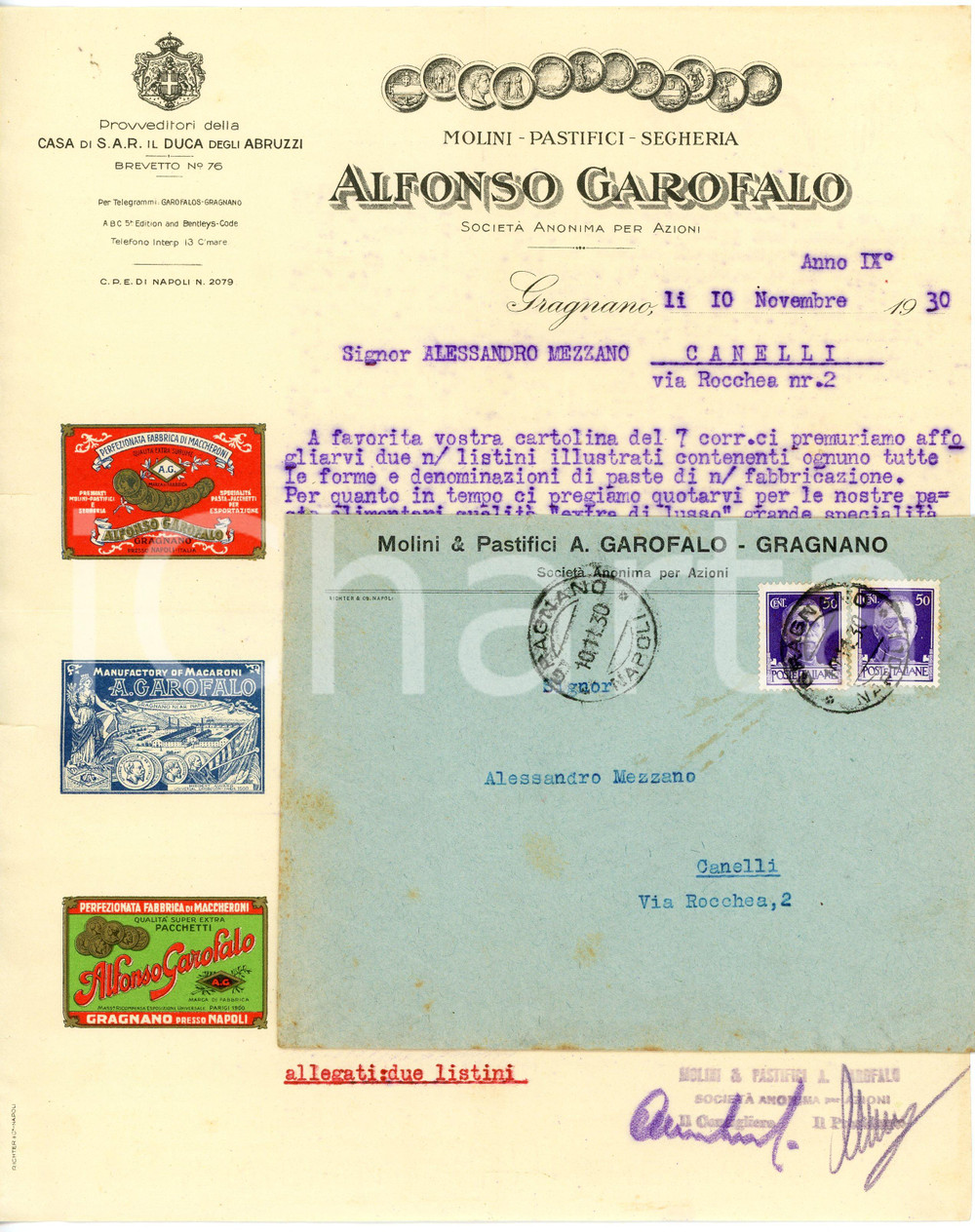 1930 GRAGNANO Pastificio Alfonso GAROFALO Prezziario paste - Lettera commerciale Lettera commerciale d'epoca, su carta intestata, dattiloscritta. Con busta. CONDIZIONI: FAIR (piegature d'epoca)PAGINE: 1    originale e autentica 1