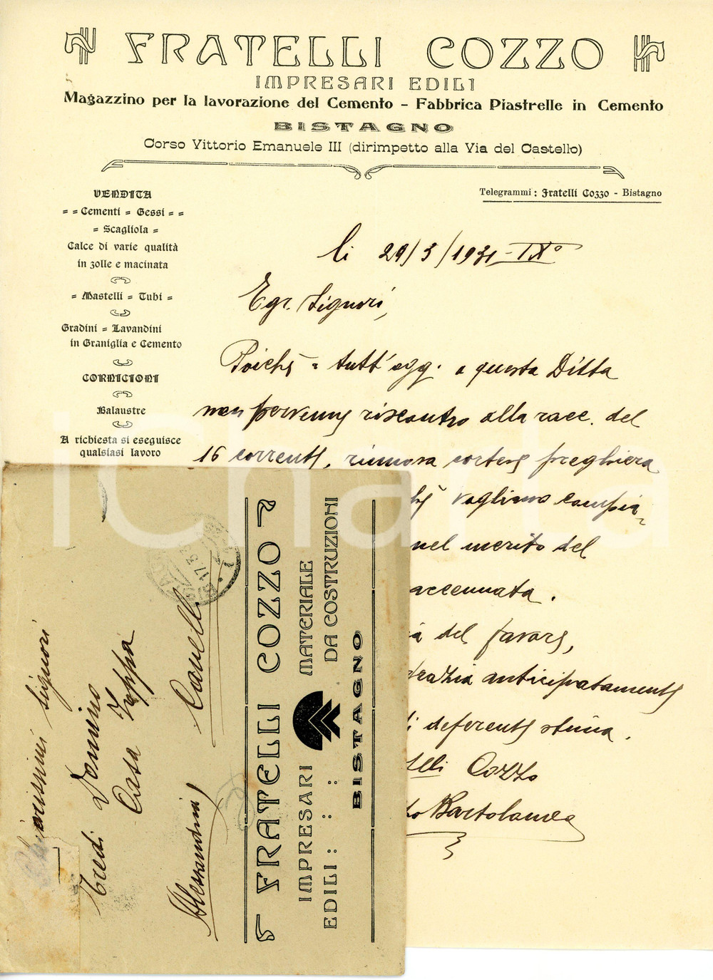 1931 BISTAGNO (AL) Fratelli COZZO Impresari edili - Lettera commerciale Lettera commerciale d'epoca, su carta intestata, manoscritta. Con busta. CONDIZIONI: FAIR (piegature d'epoca)PAGINE: 1    originale e autentica 1