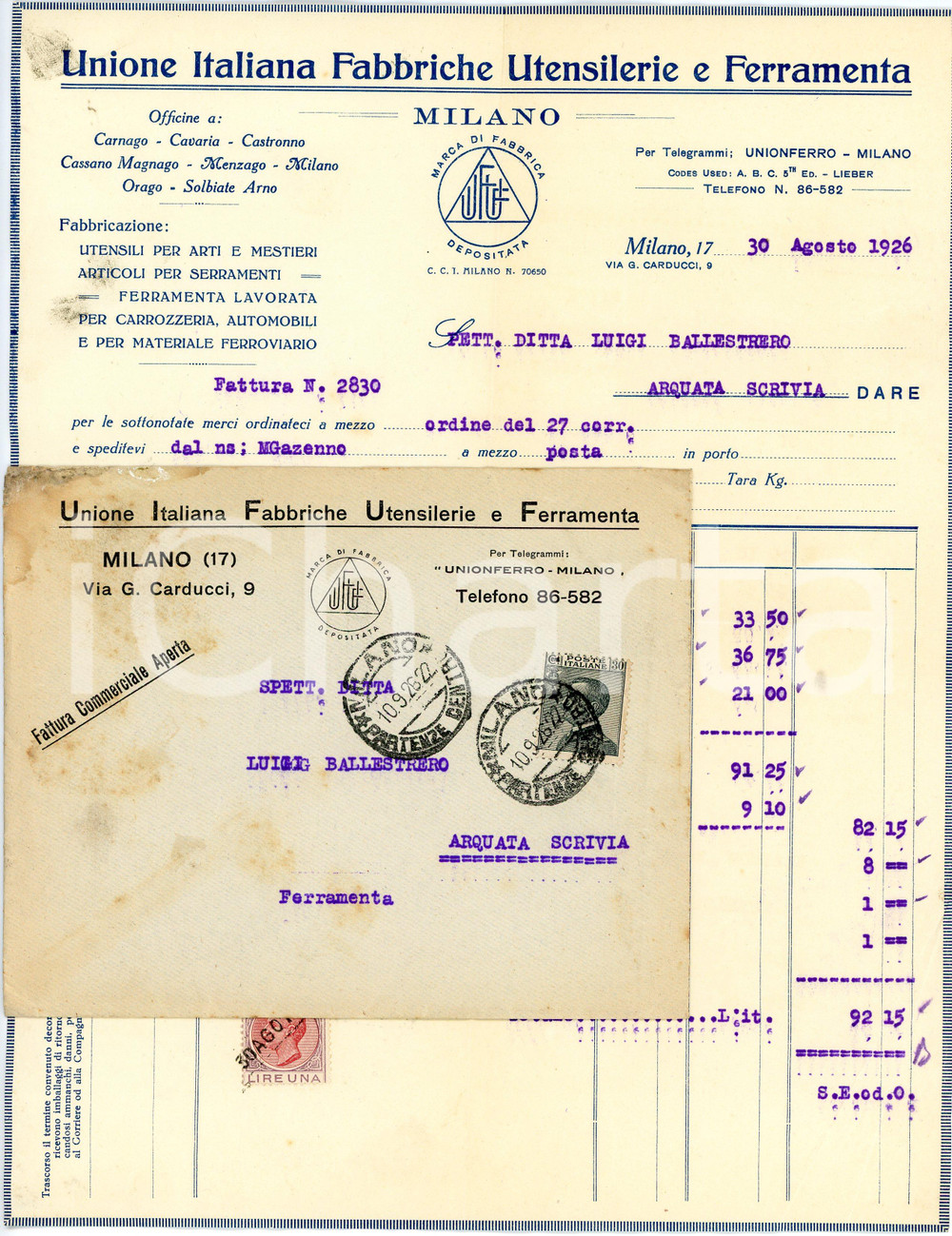 1926 MILANO - Unione Italiana Fabbriche Utensilerie e Ferramenta - Fattura Fattura commerciale d'epoca, dattiloscritta, su carta intestata.Busta intestata, illustrata e viaggiata.Milano - via G. Carducci, 9Presente marca da bollo. CONDIZIONI: F (piegature d'epoca. Busta con evidenti segni di umidit&agrave; all'angolo superiore sinistro)PAGINE: 1    originale e autentica 1