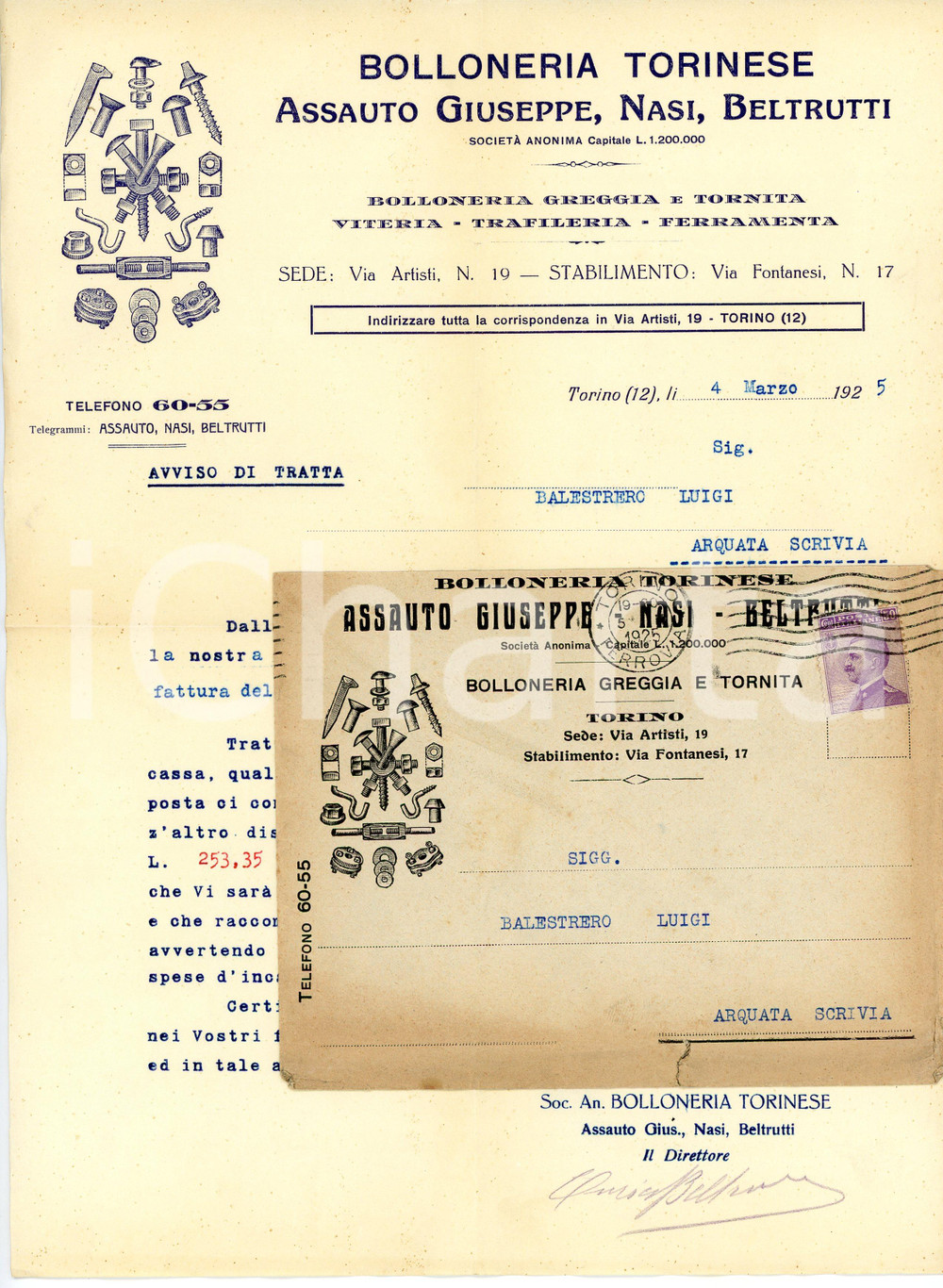 1925 TORINO - ASSAUTO, NASI, BELTRUTTI - Bolloneria Torinese  *Avviso di tratta Avviso di tratta d'epoca, dattiloscritto, su carta intestata illustrata.Busta intestata, illustrata e viaggiata.Torino - via Artisti 19.CONDIZIONI: F (piegature d'epoca. Busta con piccolo strappo al lato inferiore)PAGINE: 1    originale e autentica 1