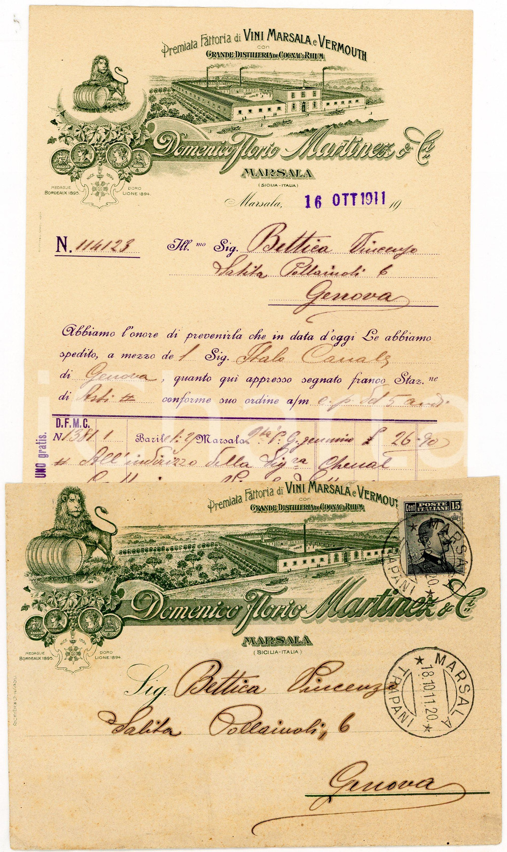 1911 MARSALA Domenico FLORIO - MARTINEZ Fattura commerciale ILLUSTRATA (1) Fattura commerciale d'epoca, su carta intestata, manoscritta, illustrata. Con Busta. CONDIZIONI: FAIR (piegature d'epoca)PAGINE: 1    originale e autentica 1