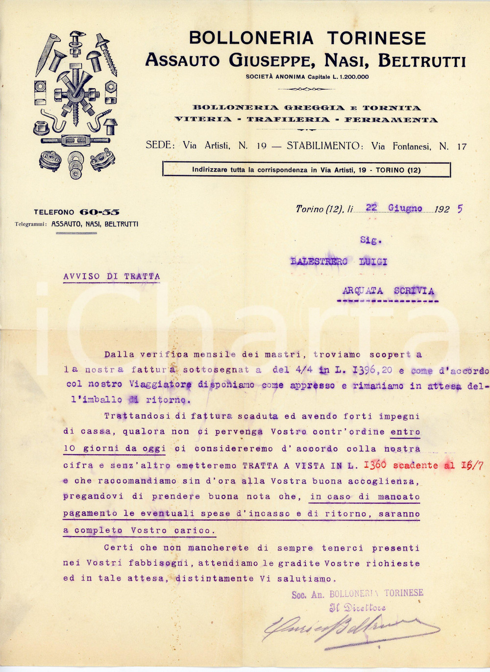 1925 TORINO Ditta ASSAUTO, NASI, BELTRUTTI - Bolloneria Torinese  *Avviso tratta Avviso di tratta d'epoca, dattiloscritto, su carta intestata illustrata.Torino - via Artisti 19.CONDIZIONI: F (piegature d'epoca, sbavatura dell'inchiostro).PAGINE: 1    originale e autentica 1