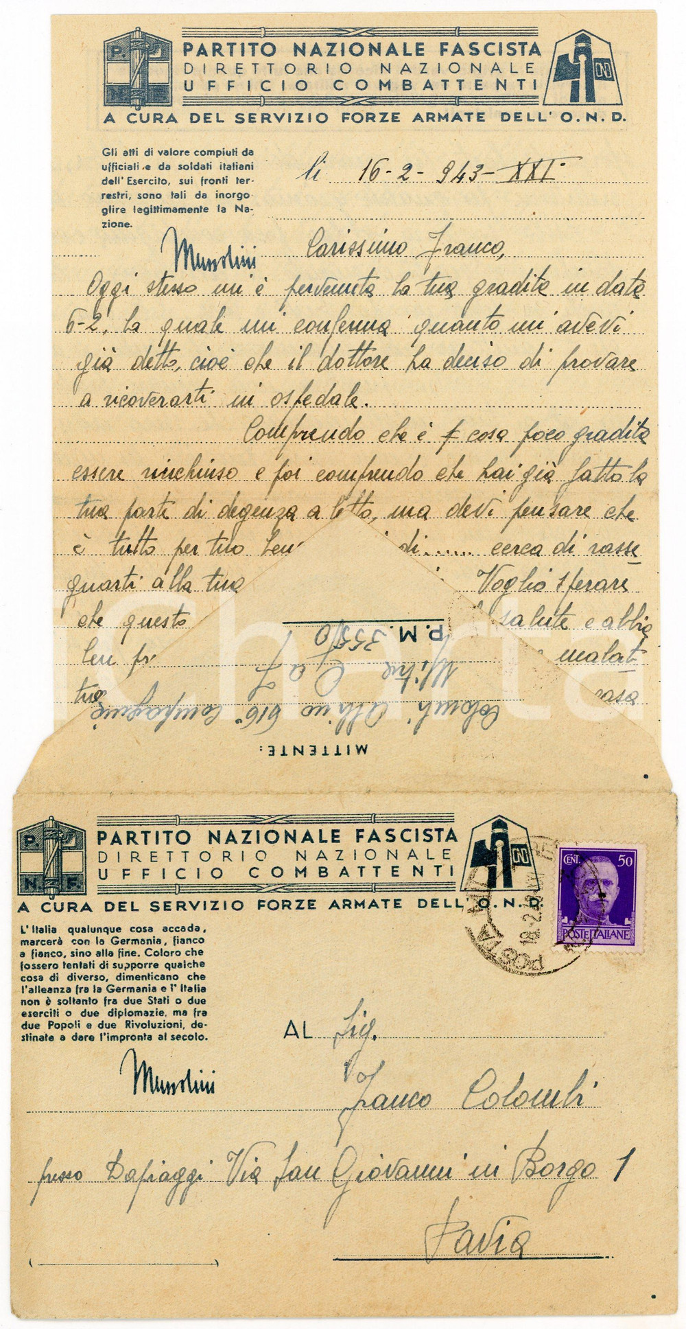 1943 Partito Nazionale Fascista - Servizio Forze armate dell'O.N.D - Lettera Lettera di contenuto personale, d'epoca, manoscritta, su carta intestata illustrata. Busta intestata, illustrata e viaggiata.CONDIZIONI: F (piegature d'epoca)PAGINE: 2 (4 facciate scritte)    originale e autentica 1