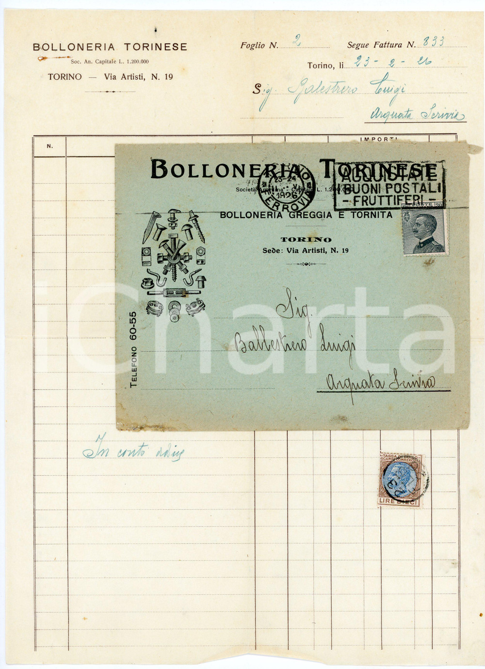 1926 TORINO - Bolloneria Torinese - Bolloneria - Fattura Fattura d'epoca, manoscritta, su carta intestata.Busta intestata, illustrata e viaggiata. Torino - via Artisti 19.Presente marca da bollo.CONDIZIONI: P (piegature d'epoca, piccolo strappo al lato inferiore, piccoli fori con tracce di ruggine all'angolo superiore sinistro. Busta con segni di umidit&agrave; al lato inferiore)PAGINE: 1    originale e autentica 1