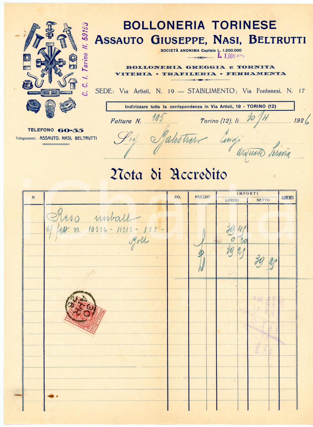 1926 TORINO - ASSAUTO, NASI, BELTRUTTI - Bolloneria Torinese *Nota di Accredito Nota di accredito d'epoca, manoscritta, su carta intestata illustrata.Torino - via Artisti 19.Presente marca da bollo.CONDIZIONI: F (piegature d'epoca, piccoli fori con tracce di ruggine all'angolo superiore sinistro, tracce di ruggine all'angolo inferiore sinistro)PAGINE: 1    originale e autentica 1