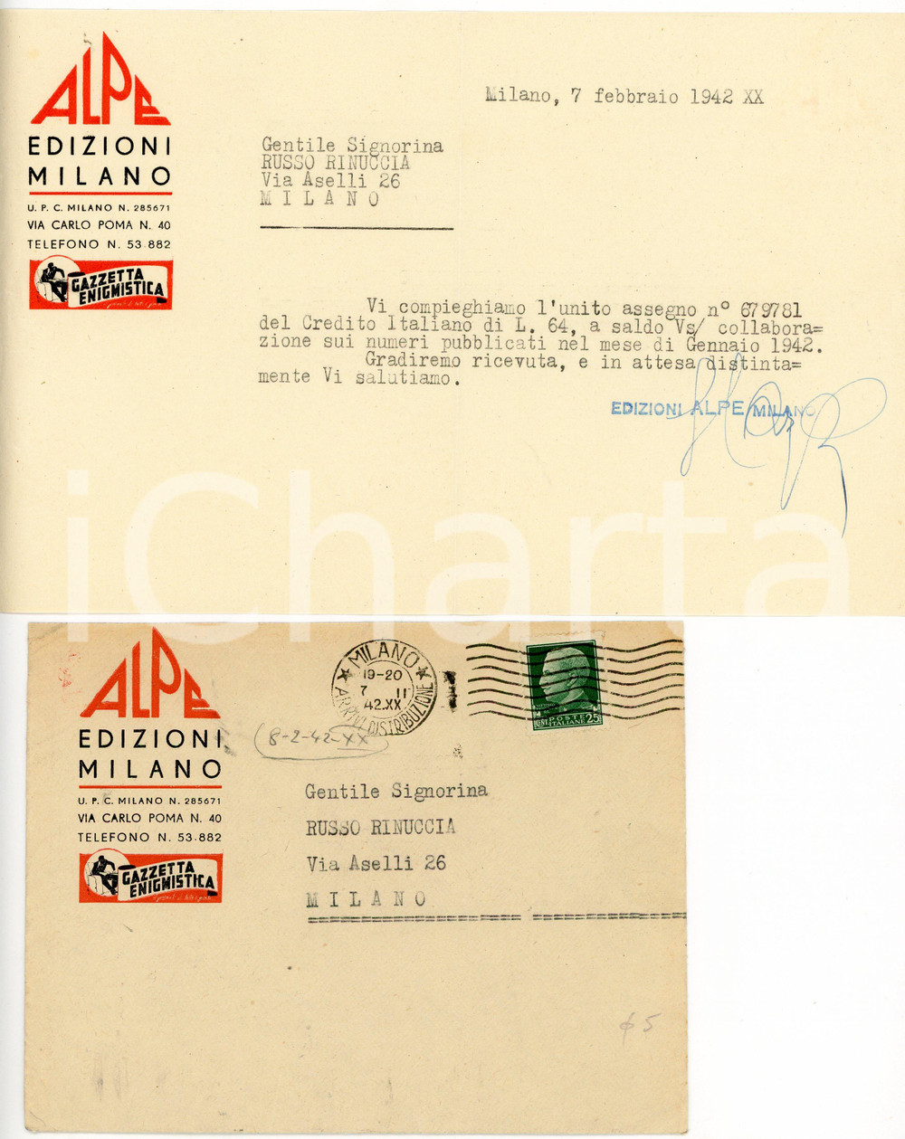 1942 MILANO ALPE EDIZIONI Pagamento collaborazione GAZZETTA ENIGMISTICA (1) Lettera commerciale d'epoca, su carta intestata, dattiloscritta, illustrata. Con busta. CONDIZIONI: FAIR (piegature d'epoca)PAGINE: 1    originale e autentica 1