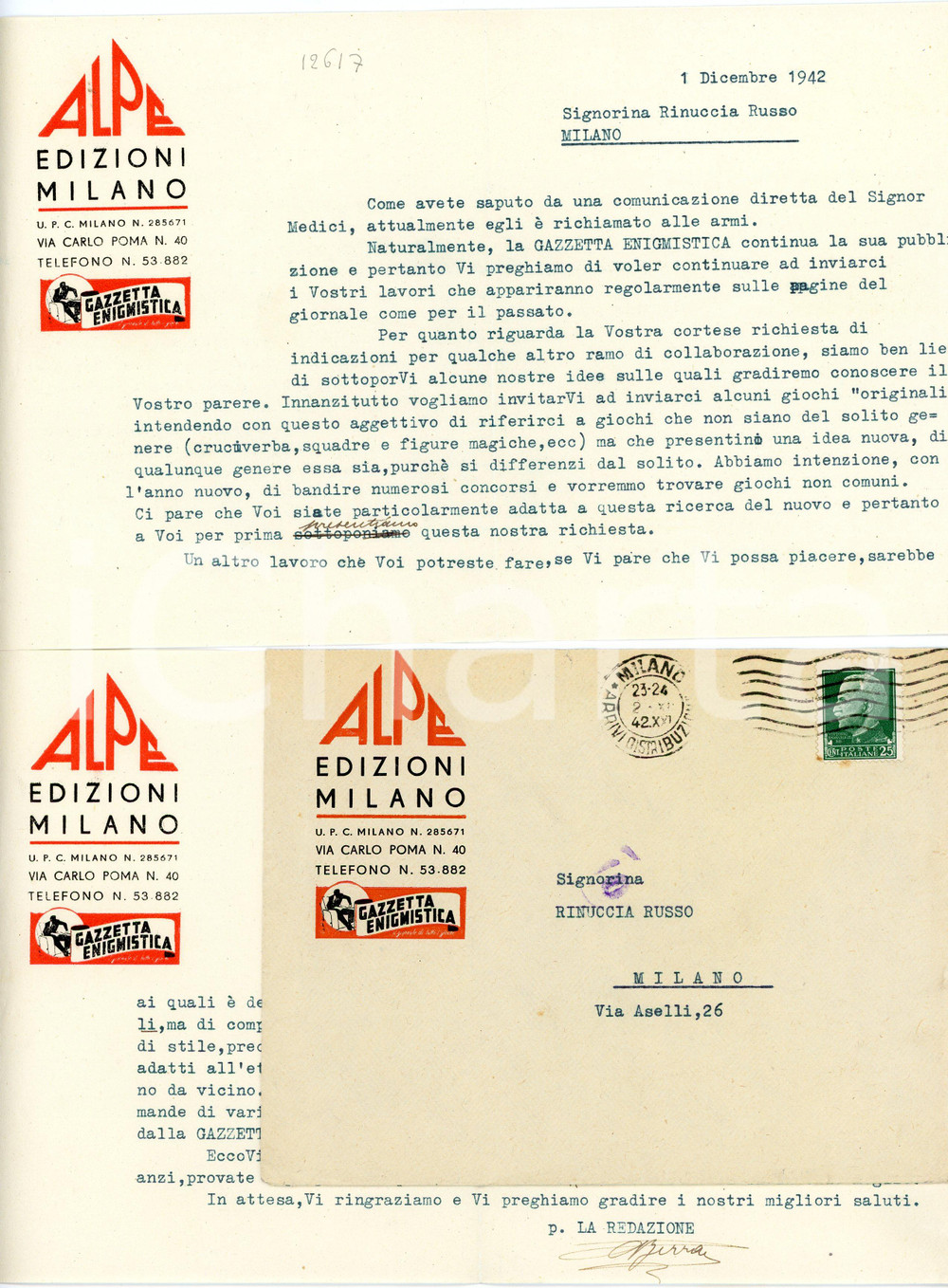 1942 MILANO - ALPE EDIZIONI Nuovi giochi per la GAZZETTA ENIGMISTICA Lettera Lettera commerciale d'epoca, su carta intestata, dattiloscritta, illustrata. Con busta. CONDIZIONI: FAIR (piegature d'epoca)PAGINE: 1    originale e autentica 1