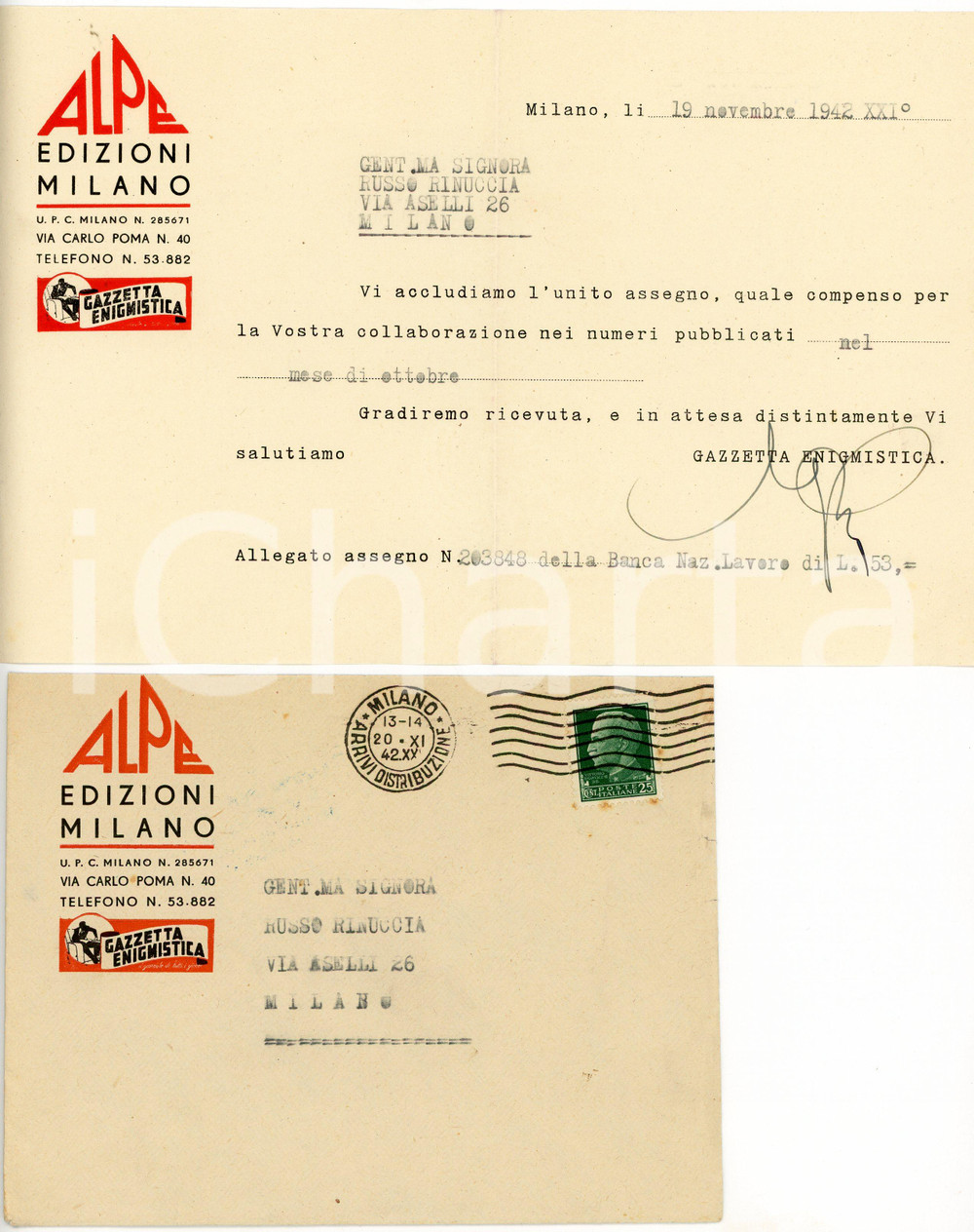 1942 MILANO ALPE EDIZIONI Pagamento collaborazione GAZZETTA ENIGMISTICA Lettera Lettera commerciale d'epoca, su carta intestata, dattiloscritta, illustrata. Con busta. CONDIZIONI: FAIR (piegature d'epoca)PAGINE: 1    originale e autentica 1